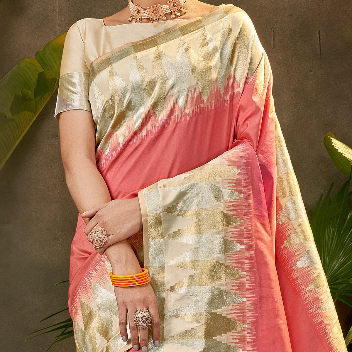 Charming Peach Coloured Festive Wear Woven Silk Saree - Peachmode