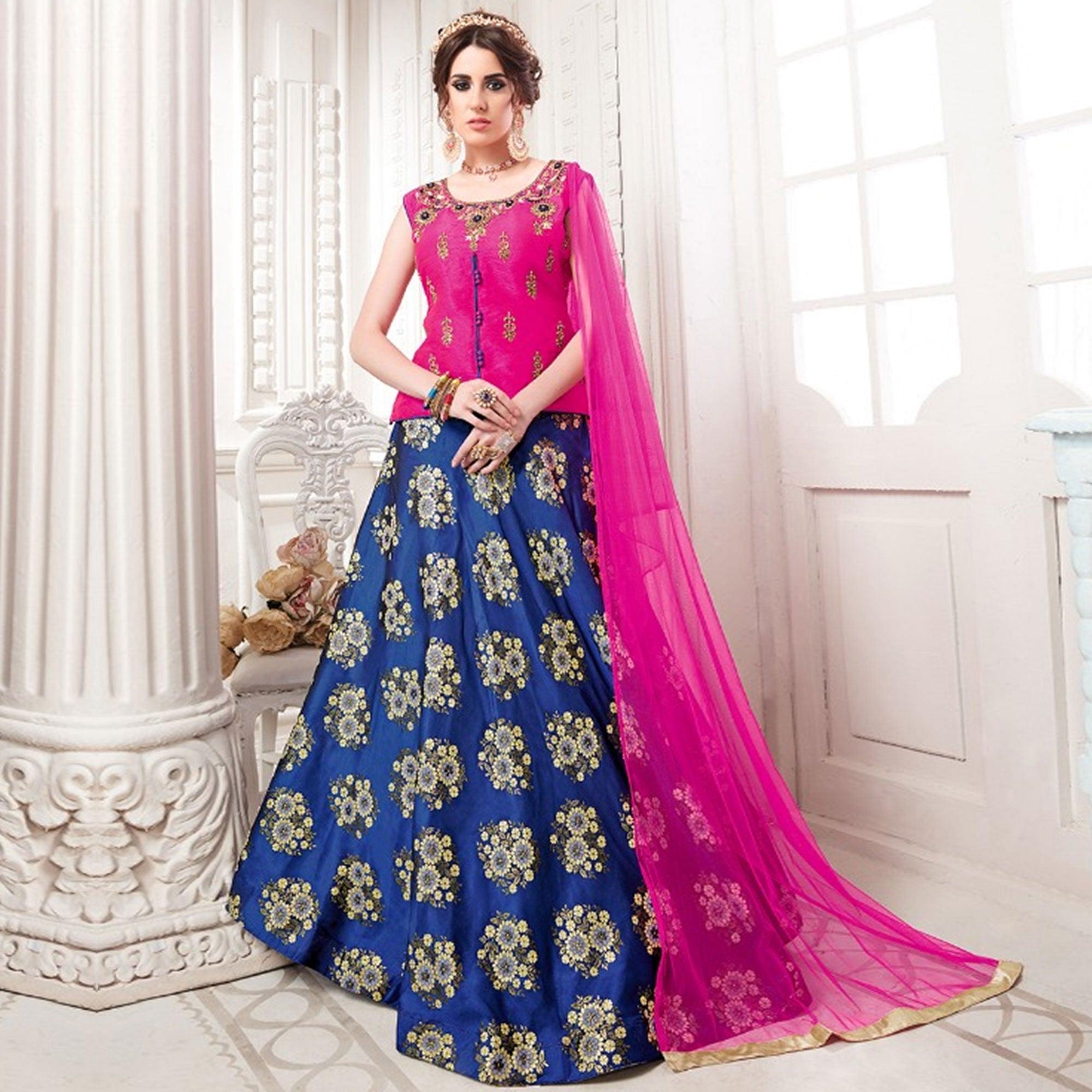 Charming Pink-Blue Colored Partywear Embroidered Jacquard Silk Lehenga Choli - Peachmode