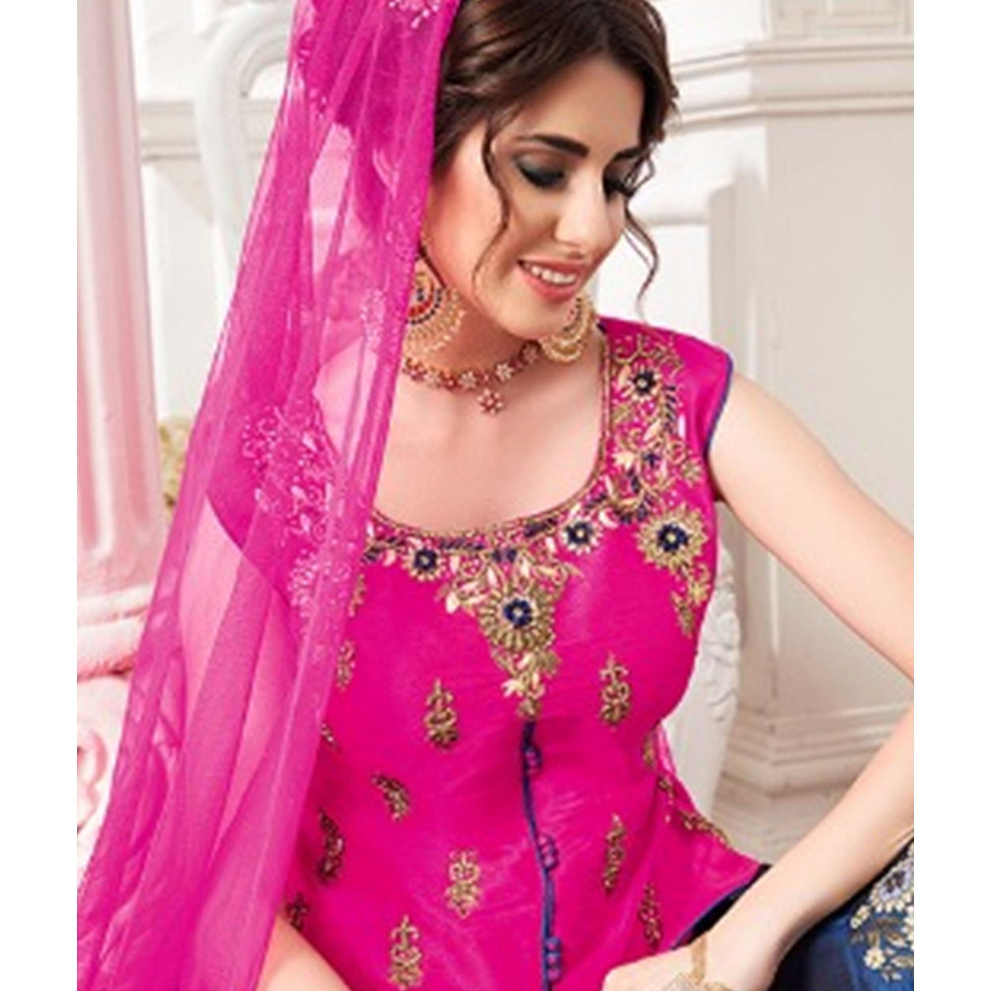 Charming Pink-Blue Colored Partywear Embroidered Jacquard Silk Lehenga Choli - Peachmode