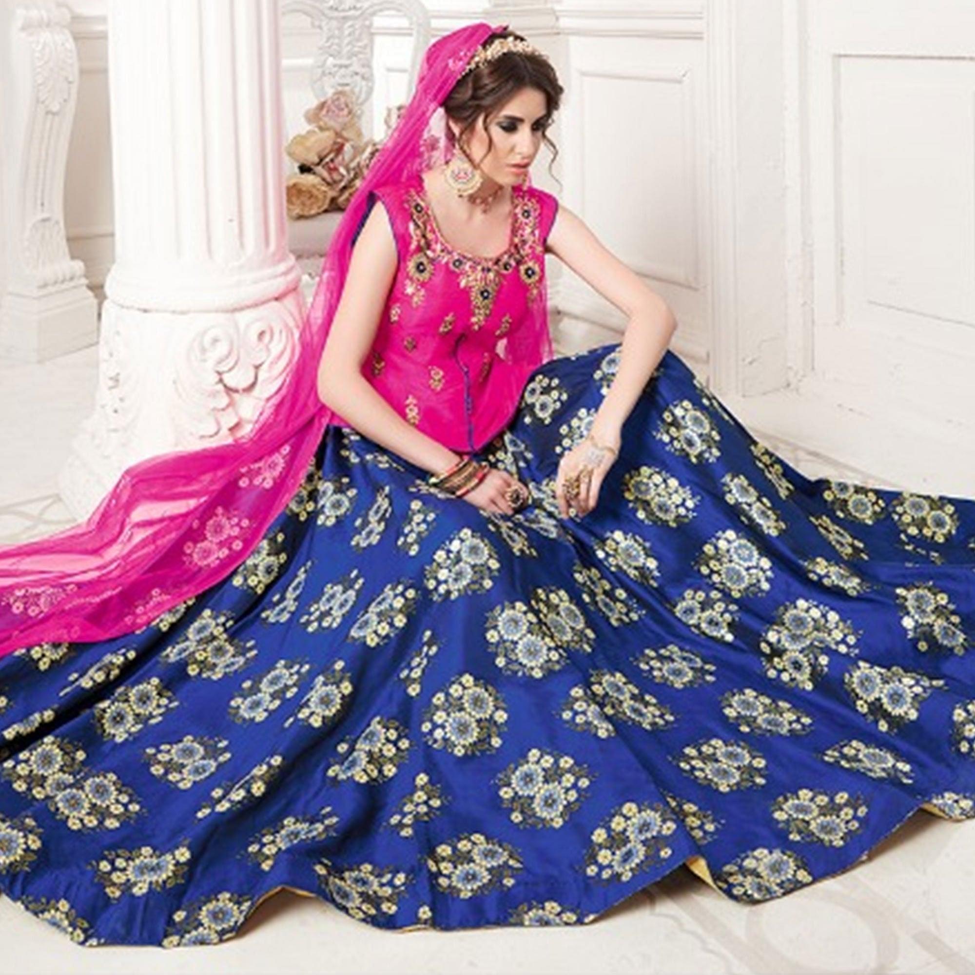 Charming Pink-Blue Colored Partywear Embroidered Jacquard Silk Lehenga Choli - Peachmode