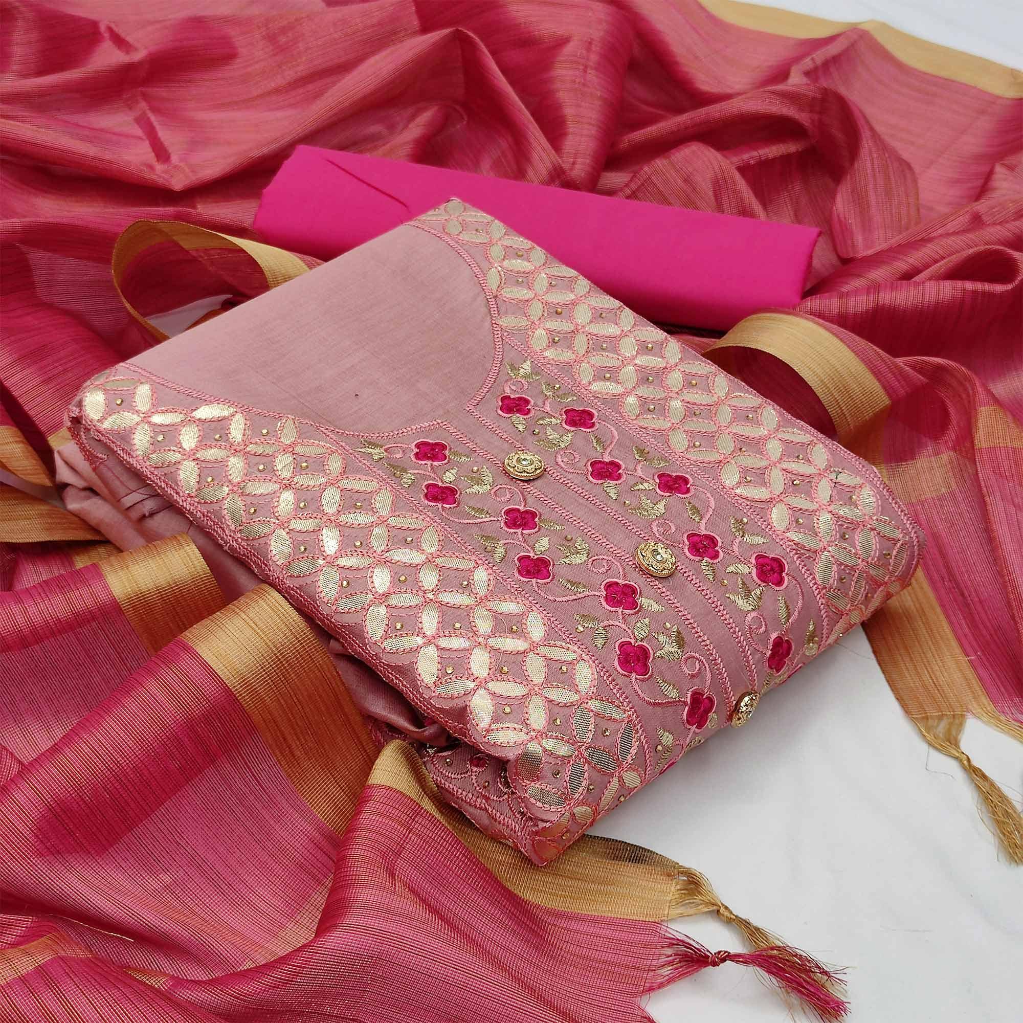 Charming Pink Colored Casual Embroidered Cotton Dress Material - Peachmode