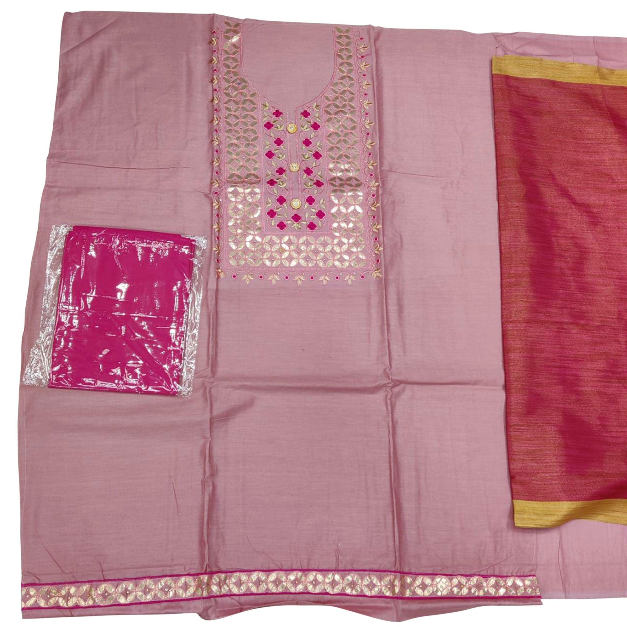 Charming Pink Colored Casual Embroidered Cotton Dress Material - Peachmode