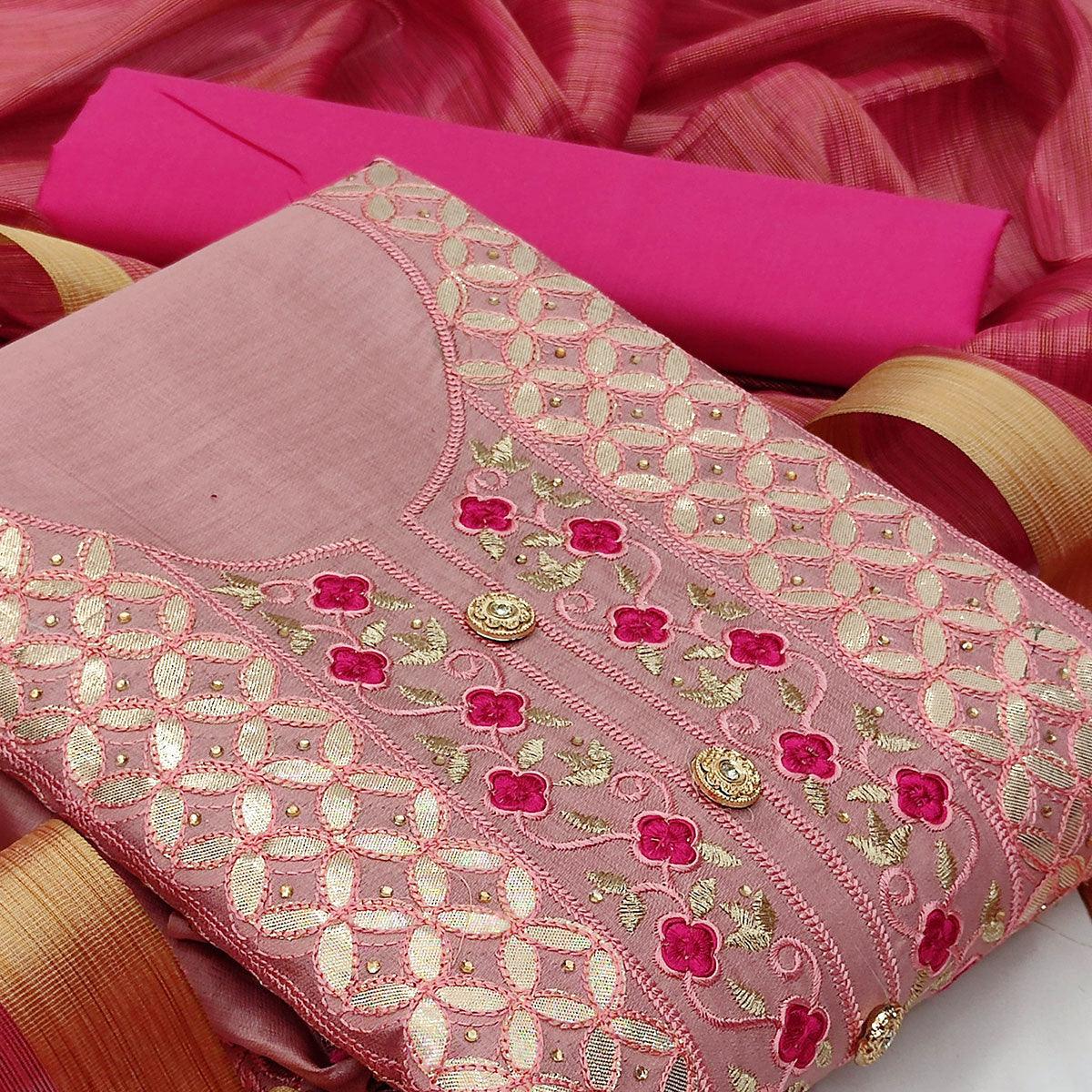 Charming Pink Colored Casual Embroidered Cotton Dress Material - Peachmode