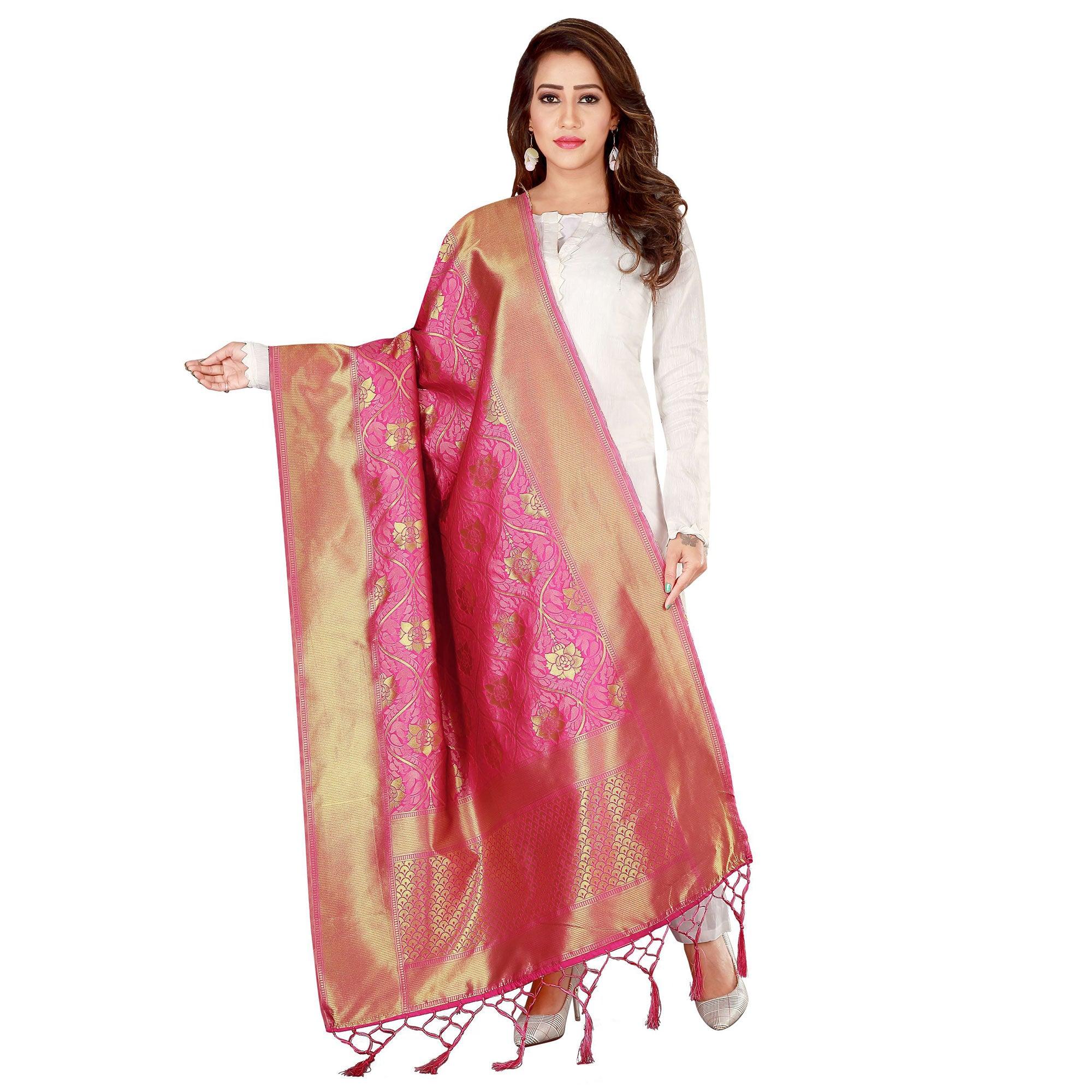 Charming Pink Colored Festive Wear Banarasi Silk Dupatta - Peachmode