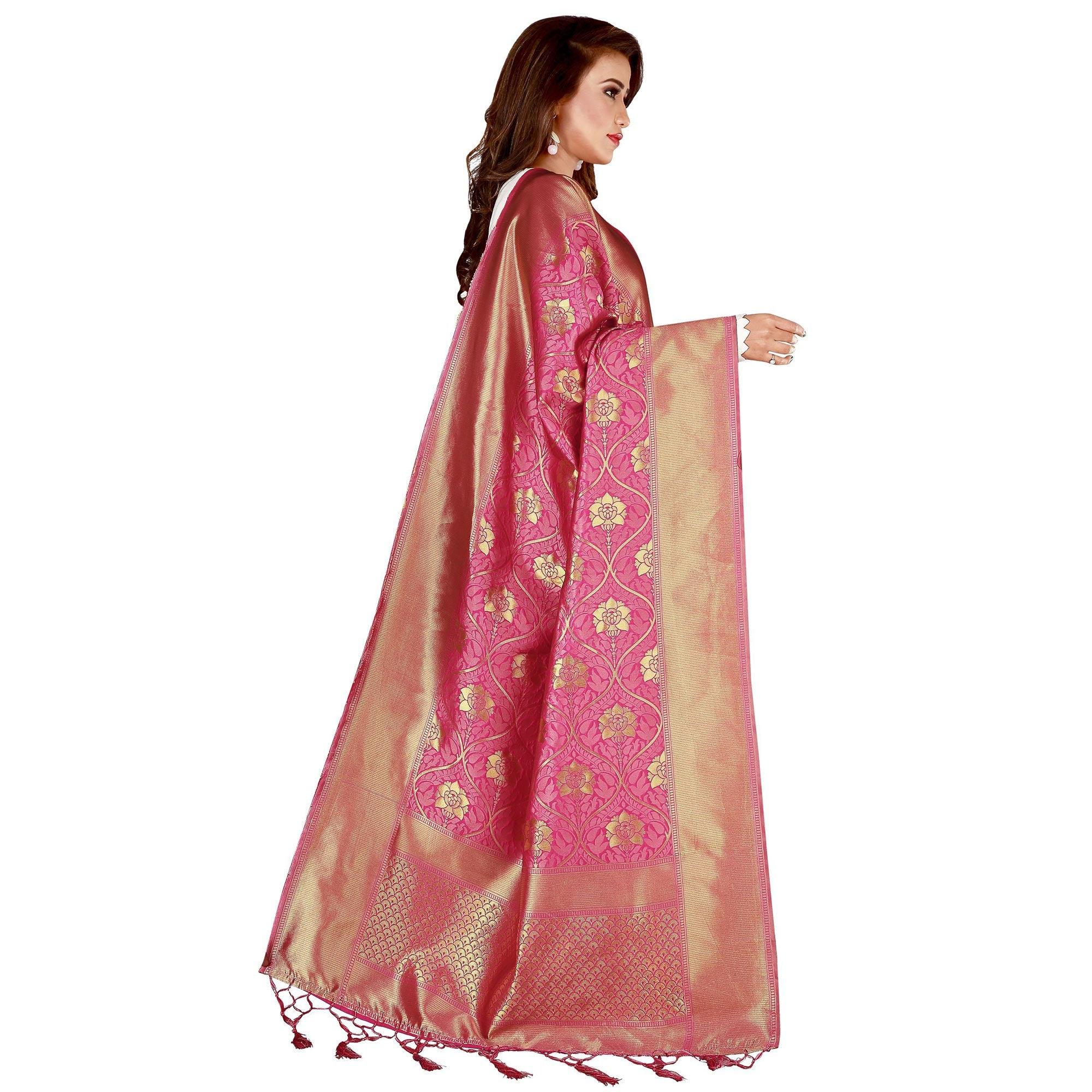 Charming Pink Colored Festive Wear Banarasi Silk Dupatta - Peachmode