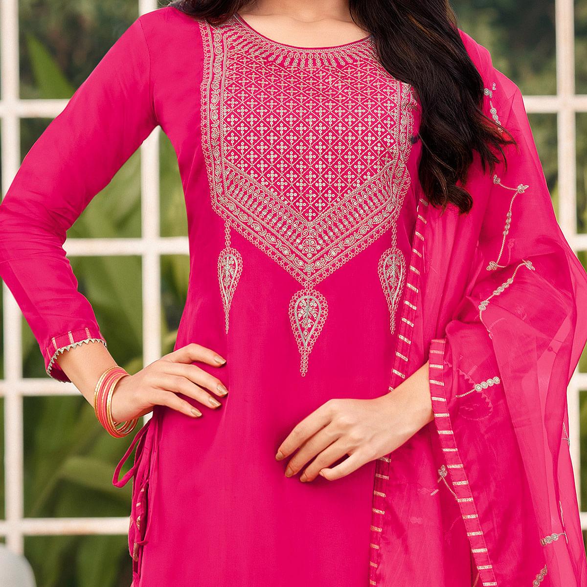 Charming Pink  Colored Festive Wear Embroidered Art Silk Material - Peachmode