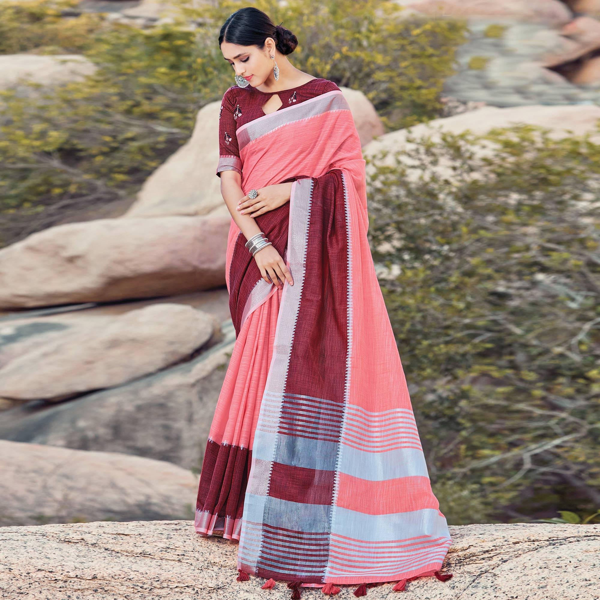 Charming Pink Colored Festive Wear Woven Linen Saree - Peachmode