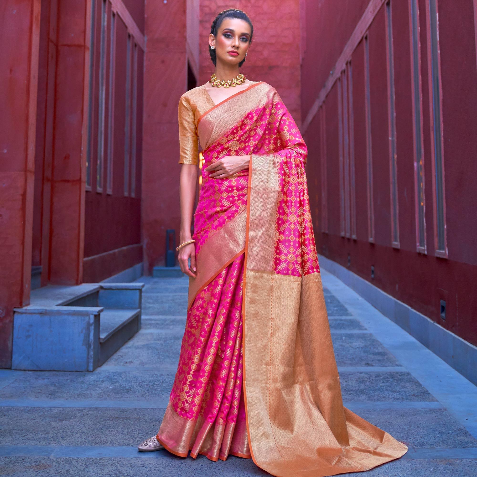 Charming Pink Colored Festive Wear Woven Silk Saree - Peachmode
