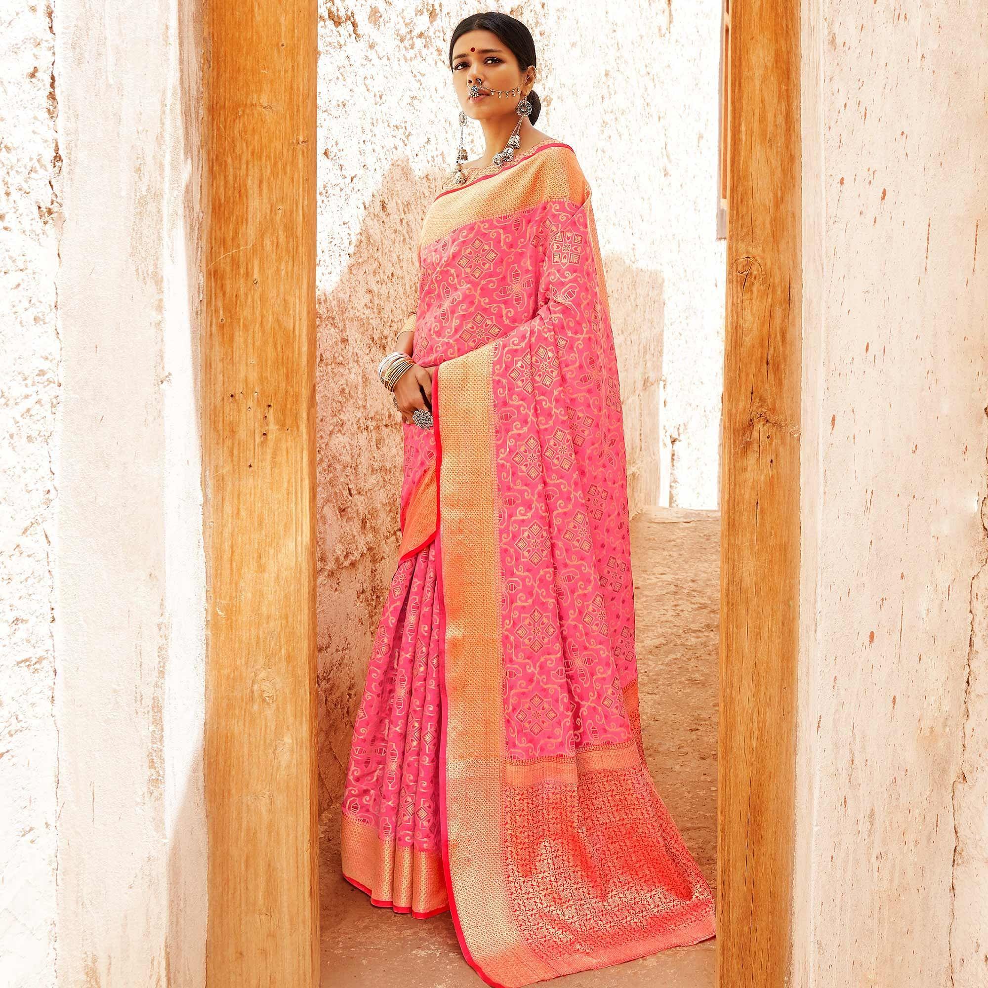 Charming Pink Colored Festive Wear Woven Silk Saree - Peachmode