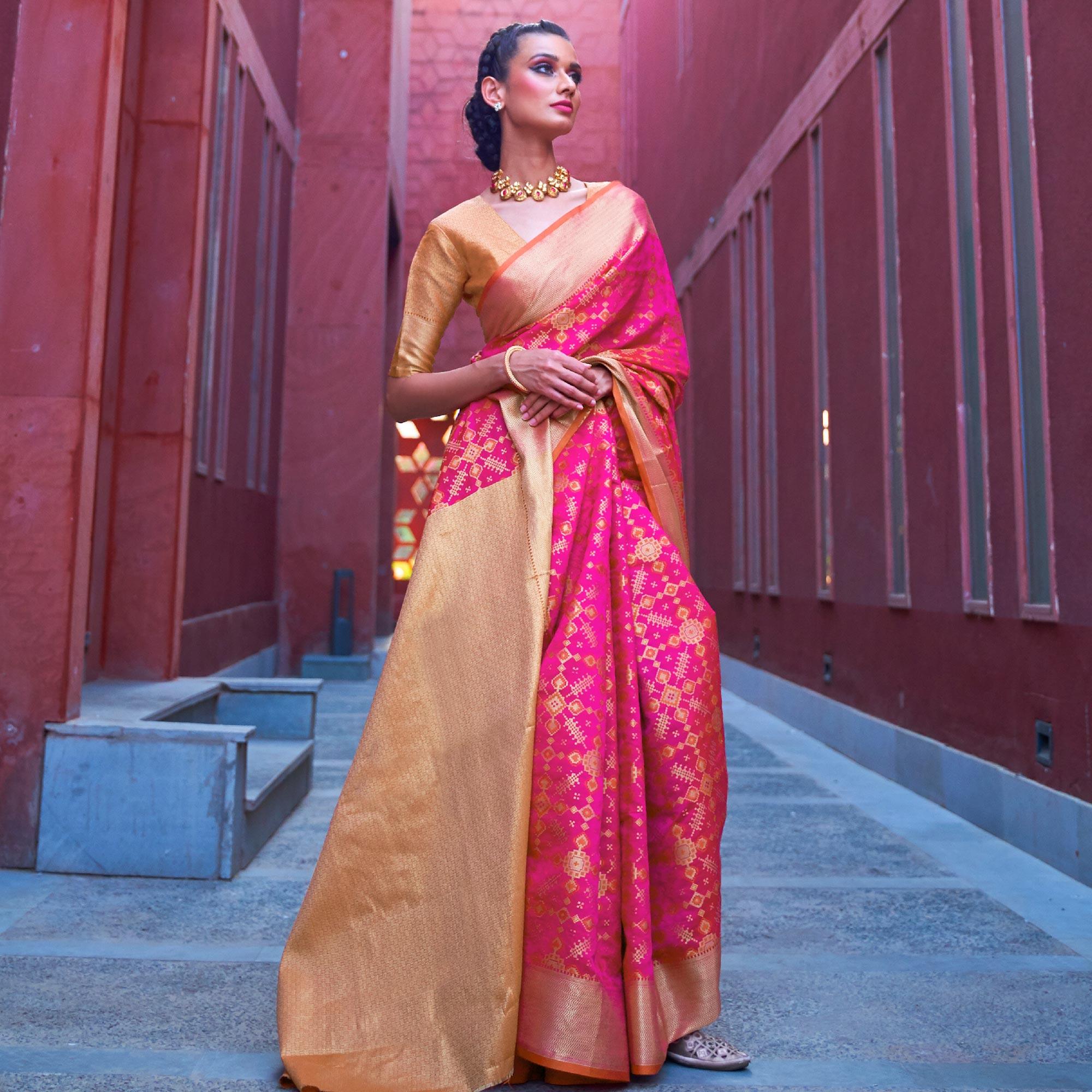 Charming Pink Colored Festive Wear Woven Silk Saree - Peachmode