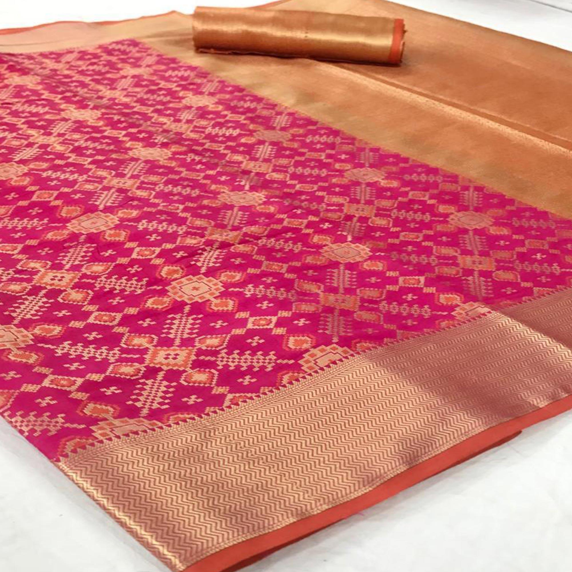 Charming Pink Colored Festive Wear Woven Silk Saree - Peachmode