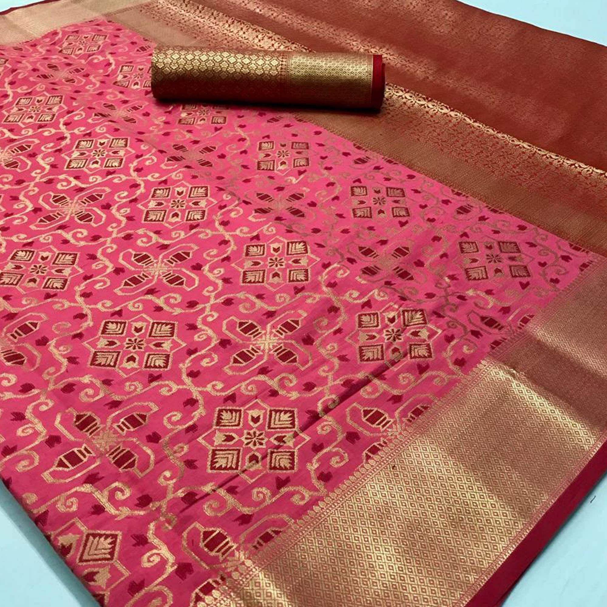 Charming Pink Colored Festive Wear Woven Silk Saree - Peachmode
