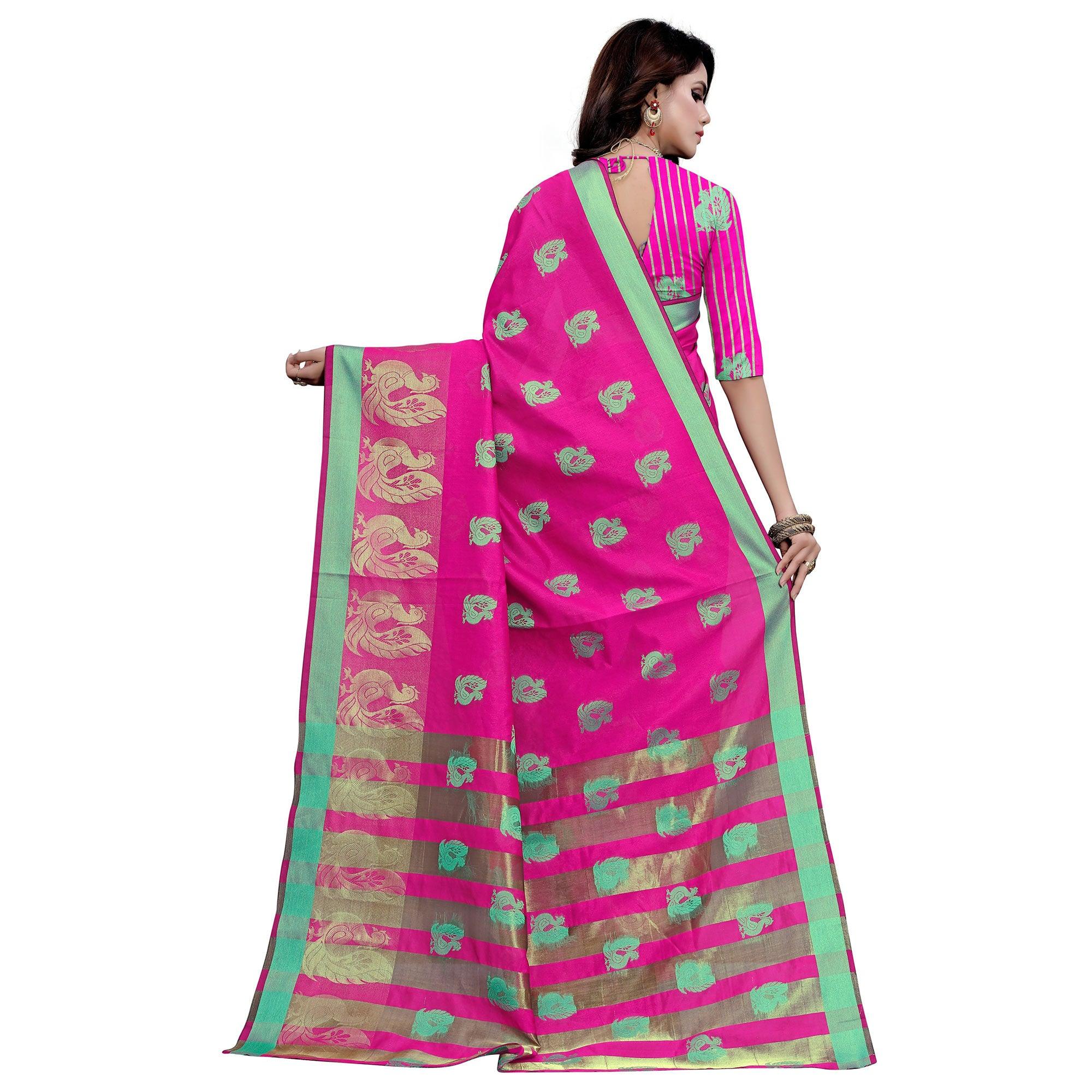 Charming Pink Colored Festive Wear Woven Work Art Silk Saree - Peachmode