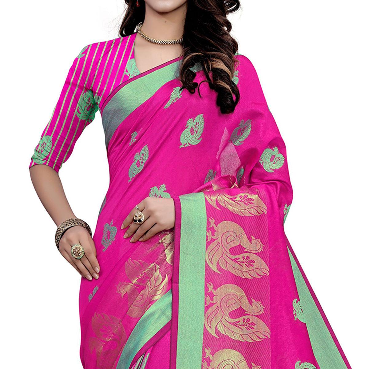 Charming Pink Colored Festive Wear Woven Work Art Silk Saree - Peachmode