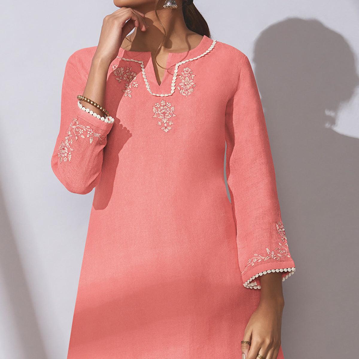 Charming Pink Colored Party Wear Embroidered Khadi Cotton Kurti-Palazzo Set - Peachmode