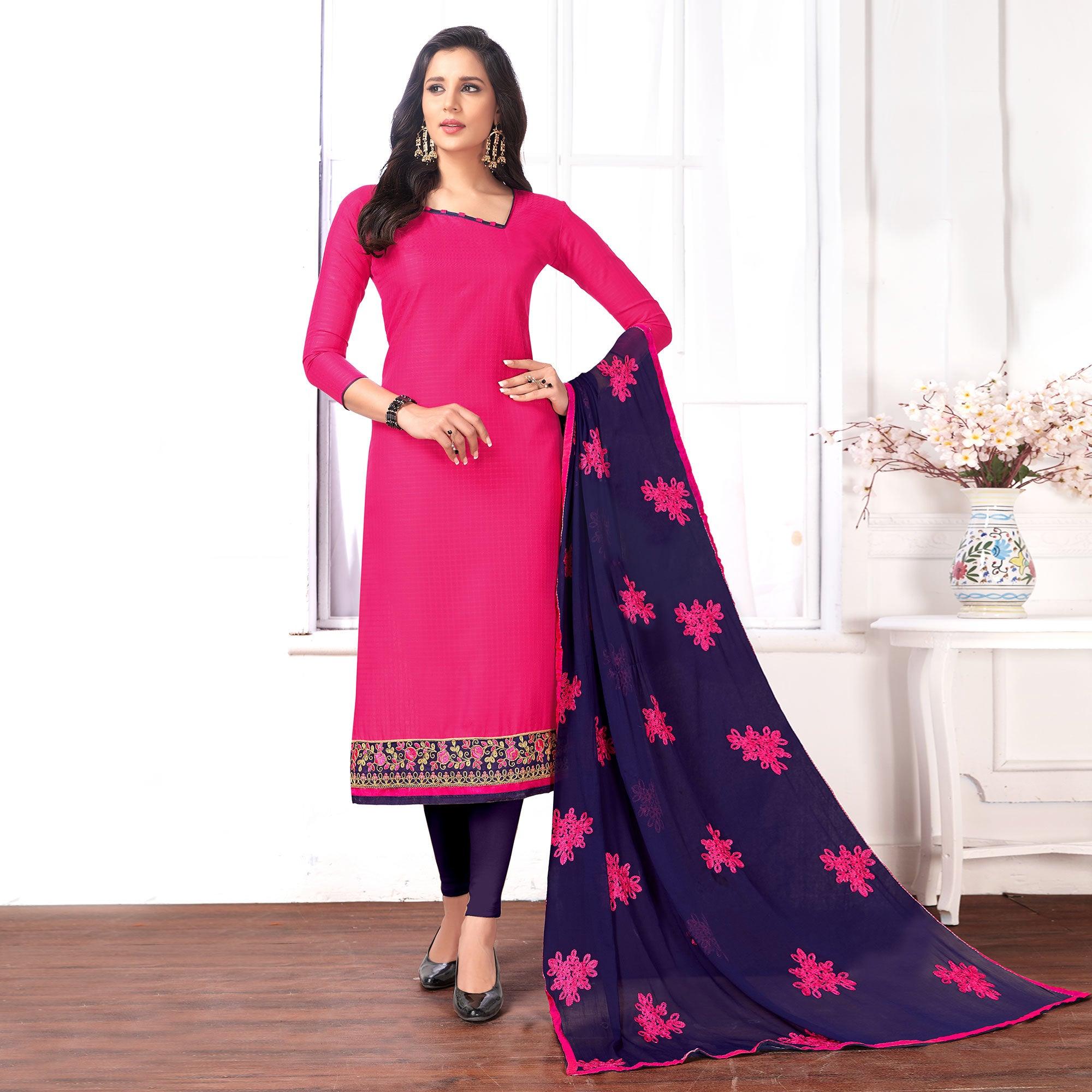 Charming Pink Colored Partywear Embroidered Cotton Suit - Peachmode