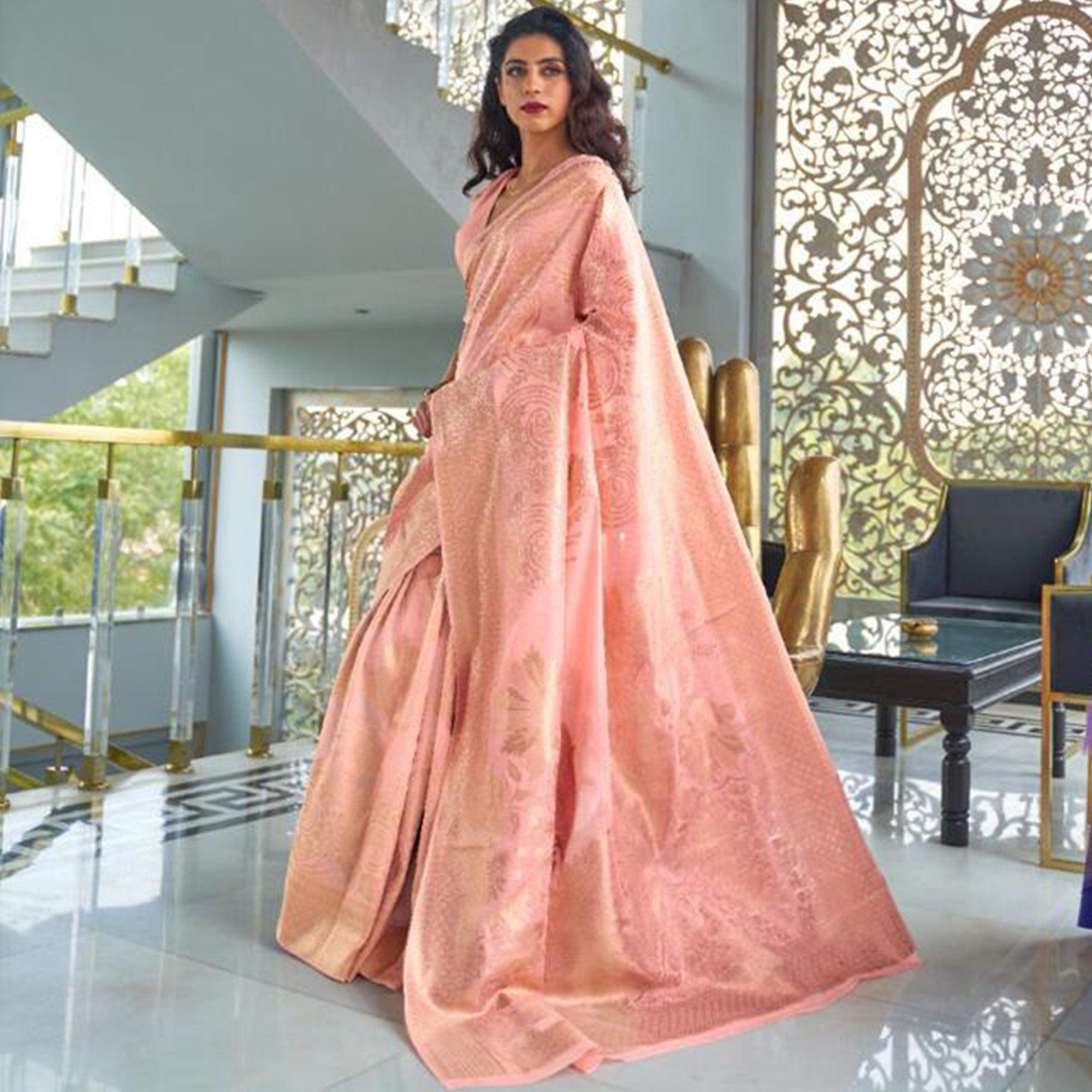 Charming Pink Coloured Partywear Pure Modal Woven Silk Saree - Peachmode