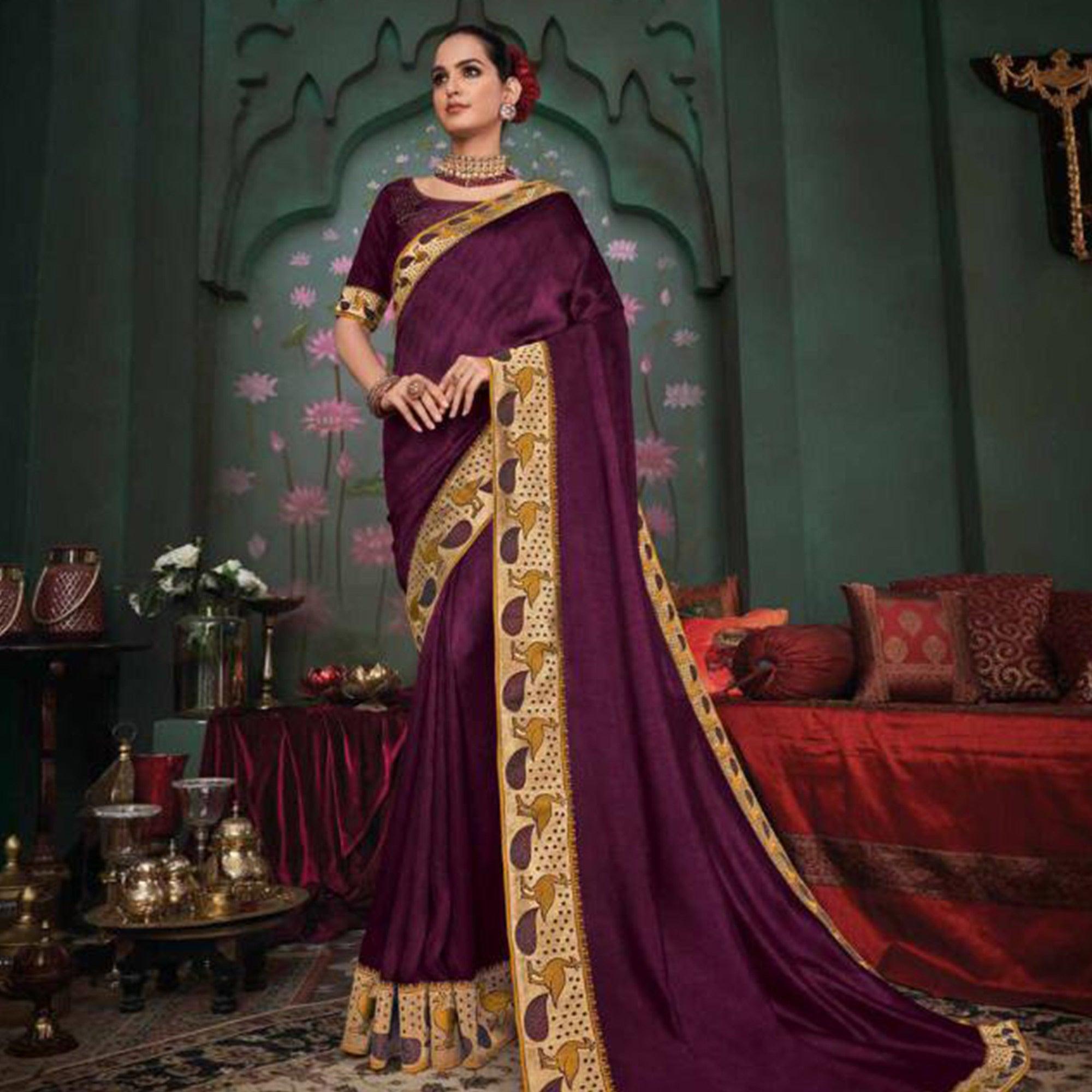 Charming Purple Colored Festive Wear Embroidered Heavy Border Silk Saree - Peachmode
