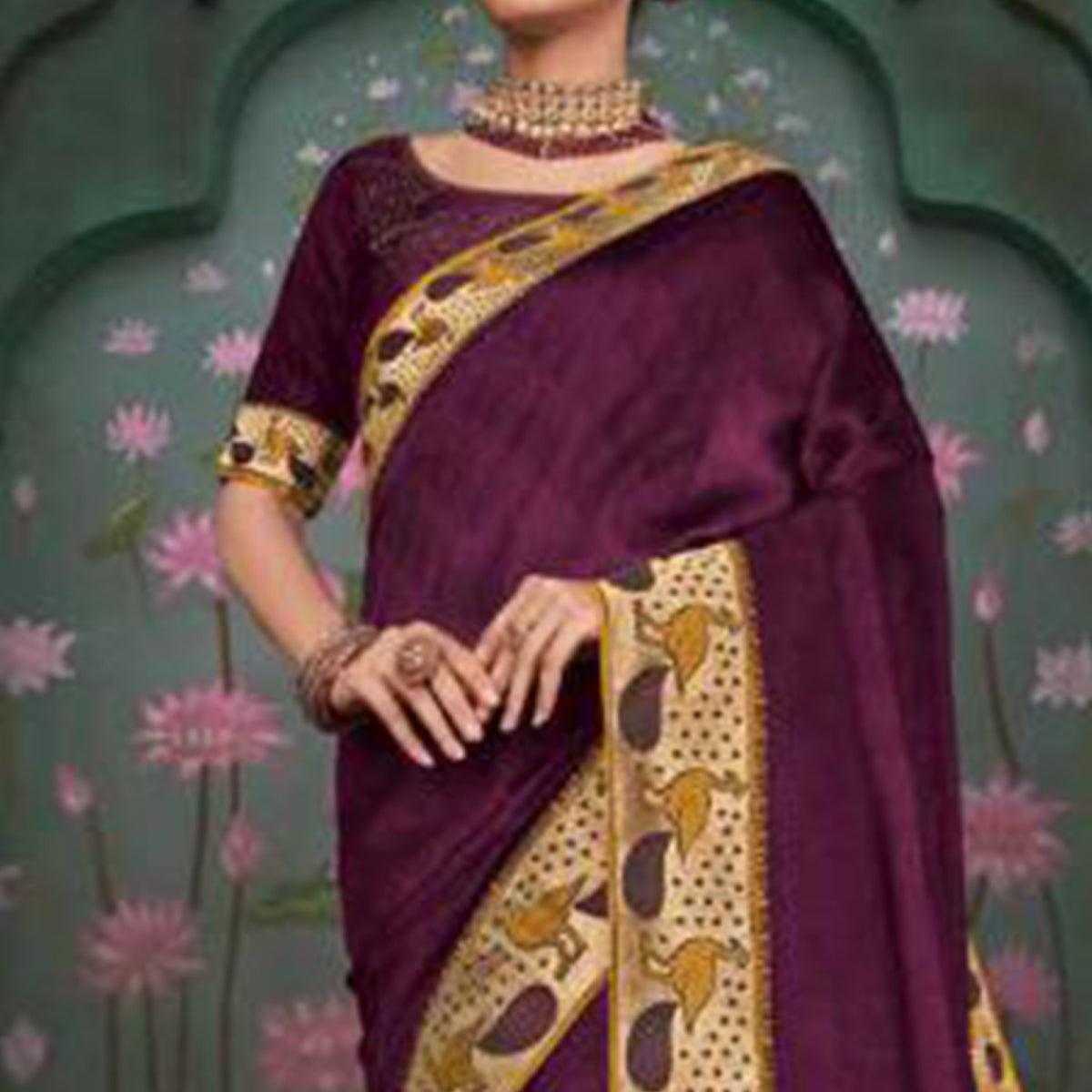 Charming Purple Colored Festive Wear Embroidered Heavy Border Silk Saree - Peachmode