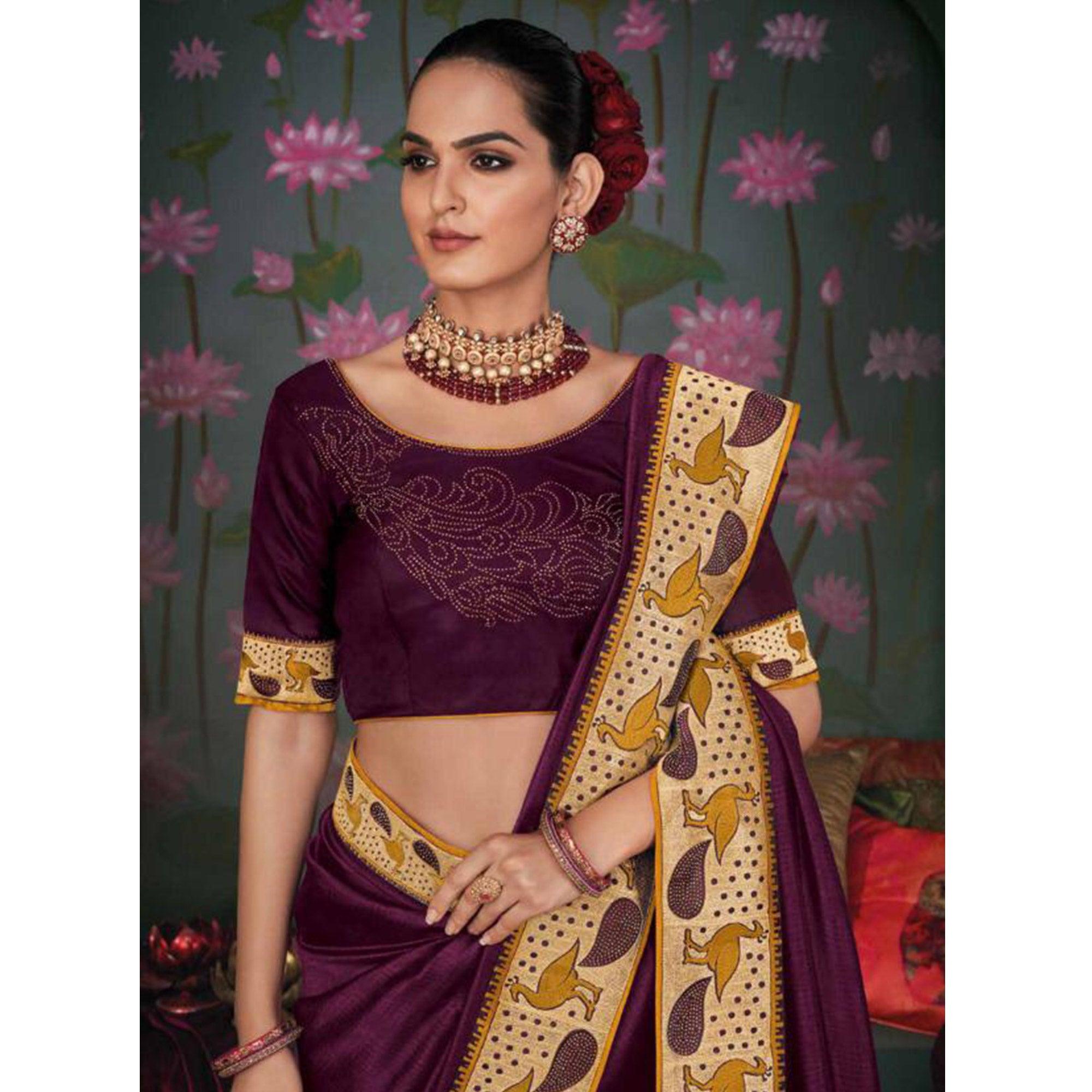 Charming Purple Colored Festive Wear Embroidered Heavy Border Silk Saree - Peachmode