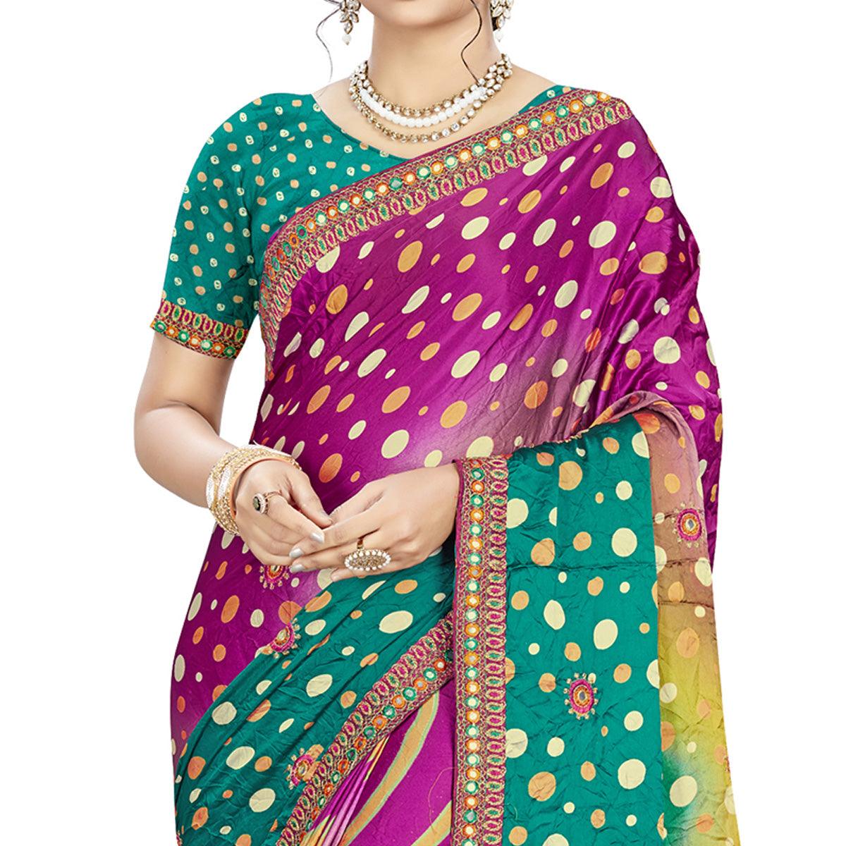 Charming Purple - Green Colored Casual Wear Printed Satin Saree - Peachmode