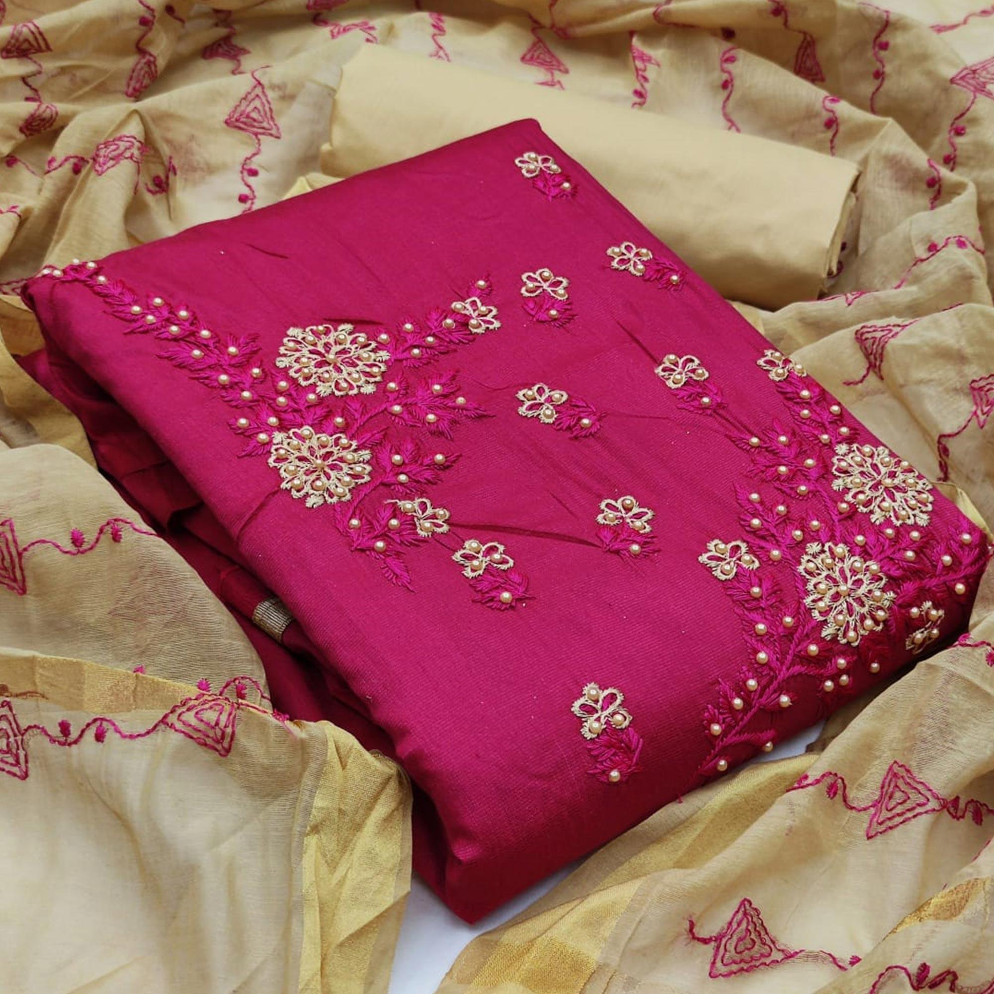 Charming Rani Pink Colored Casual Wear Embroidered Cotton Dress Material - Peachmode