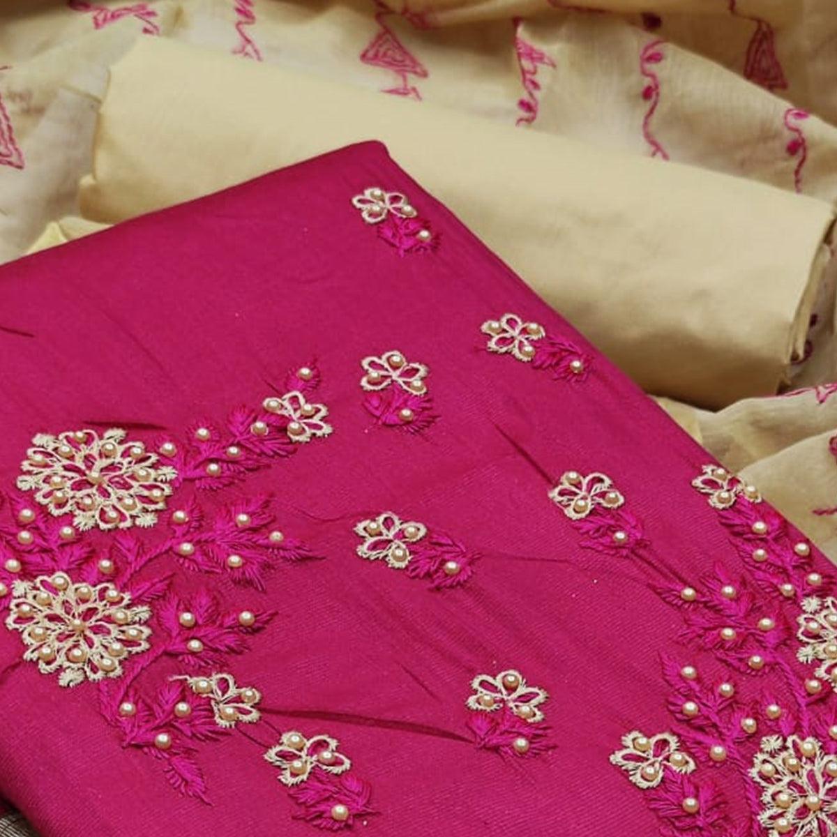 Charming Rani Pink Colored Casual Wear Embroidered Cotton Dress Material - Peachmode