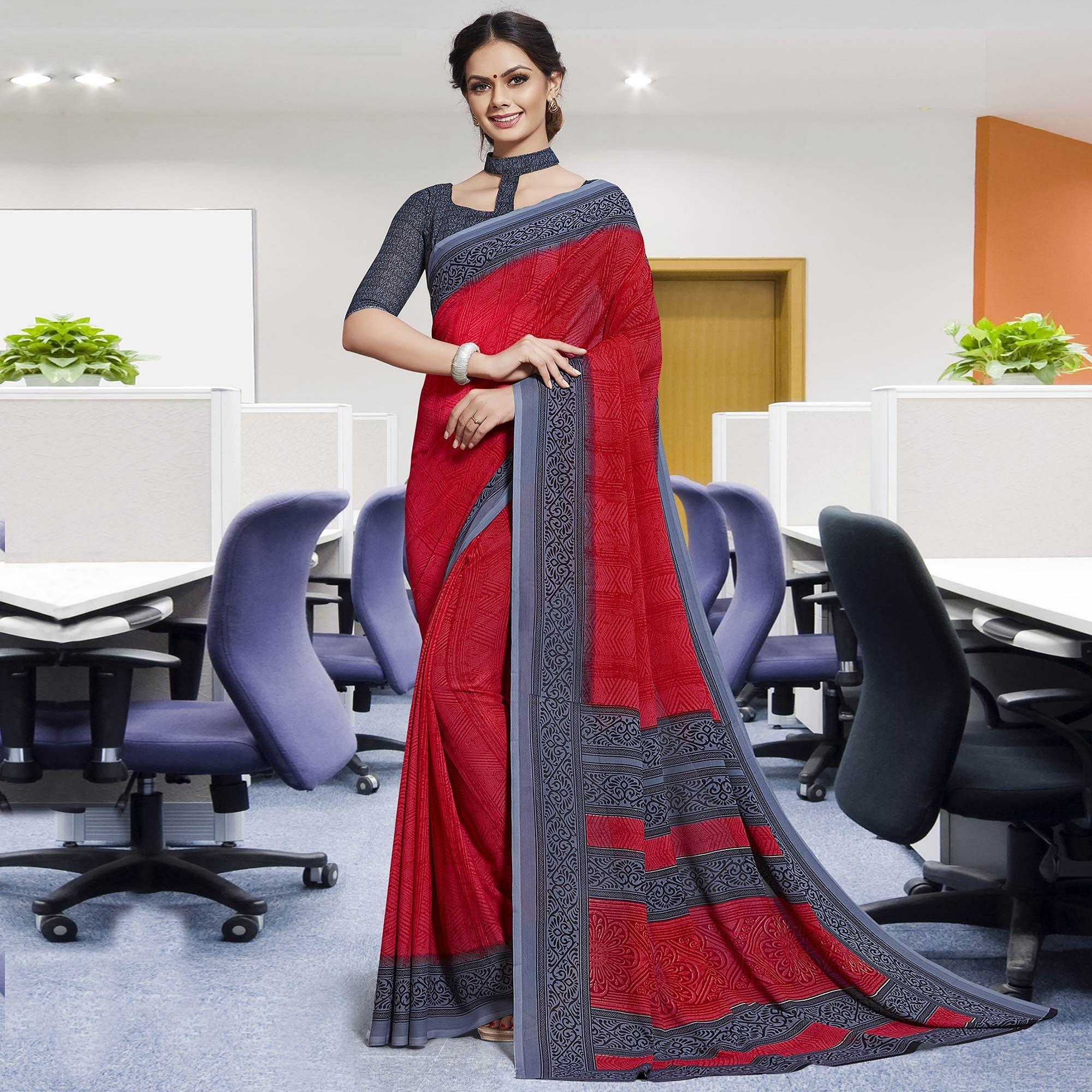 Charming Red Colored Casual Printed Georgette Saree - Peachmode