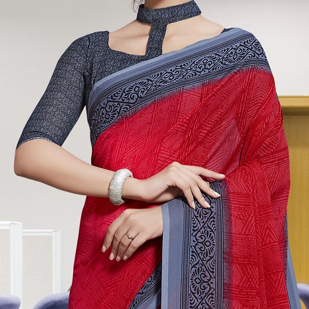 Charming Red Colored Casual Printed Georgette Saree - Peachmode