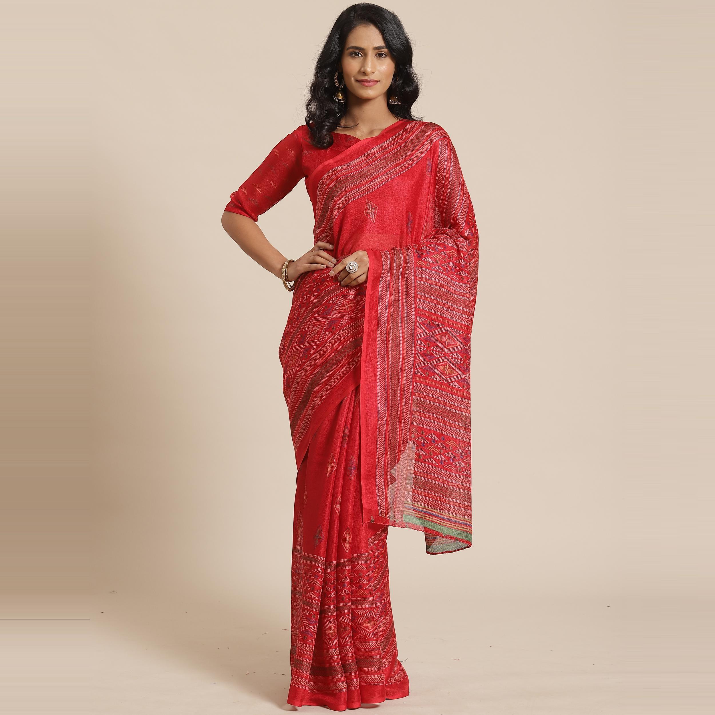 Charming Red Colored Casual Wear Printed Jute Silk Saree - Peachmode