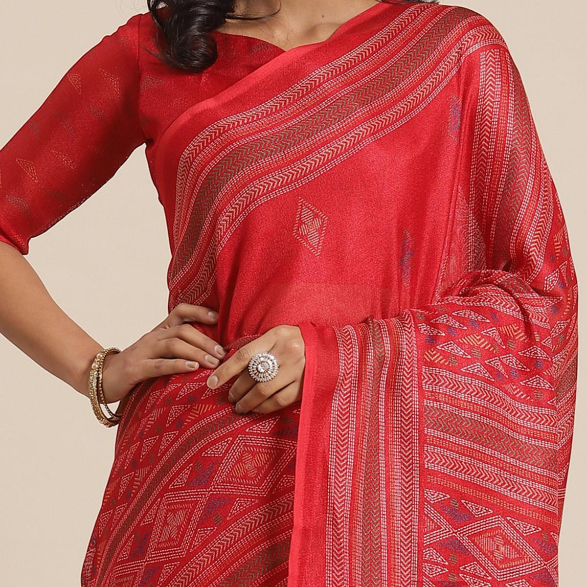 Charming Red Colored Casual Wear Printed Jute Silk Saree - Peachmode