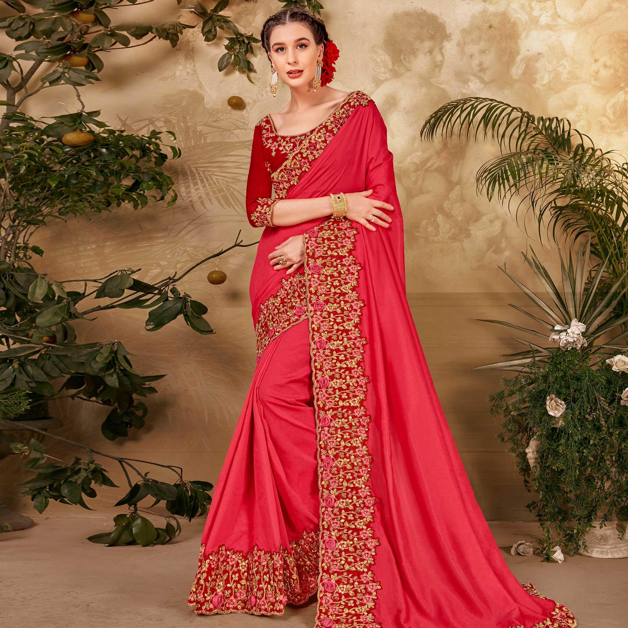 Charming Red Colored Festive Wear Embroidered Vichitra Silk Saree - Peachmode