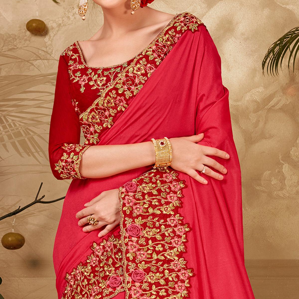 Charming Red Colored Festive Wear Embroidered Vichitra Silk Saree - Peachmode