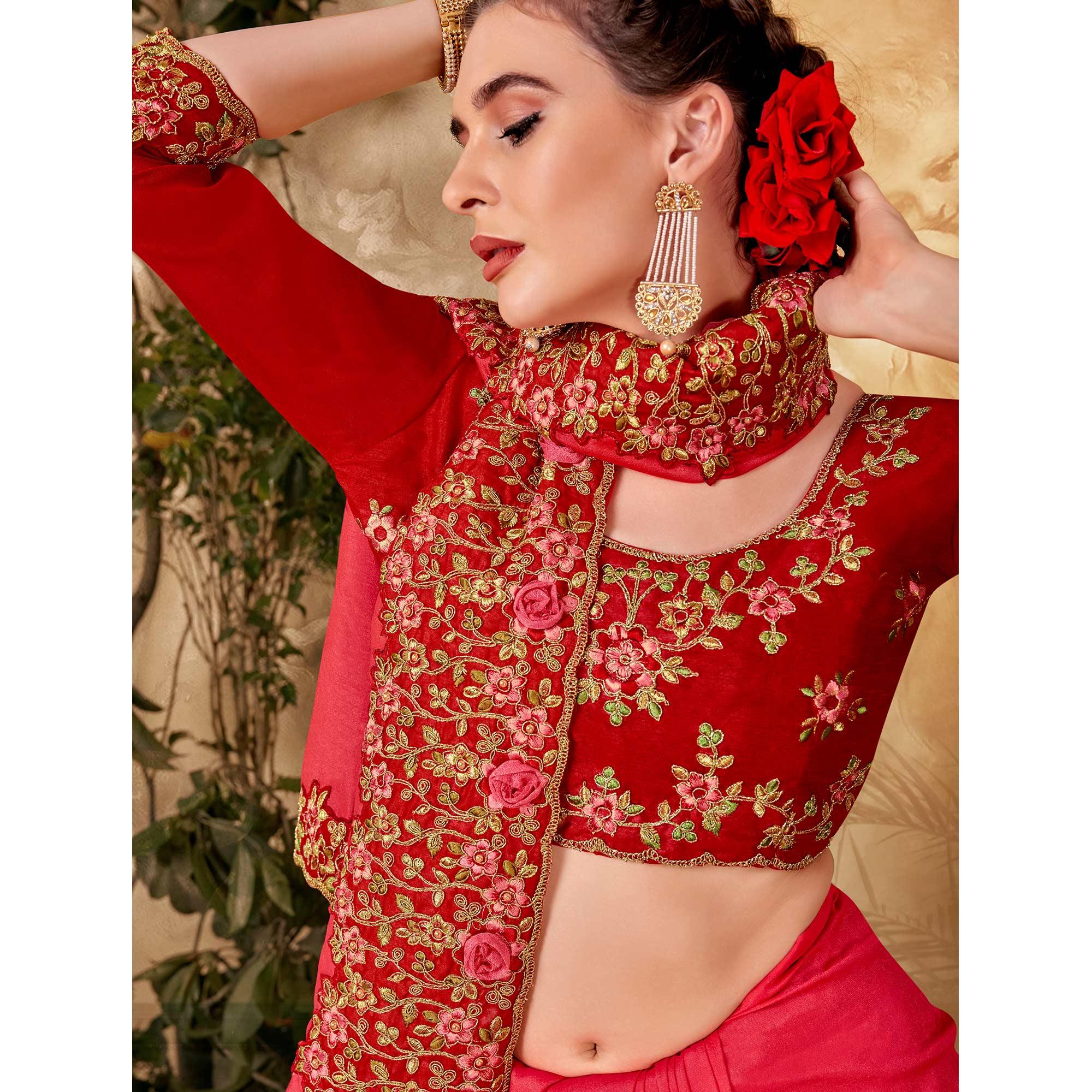 Charming Red Colored Festive Wear Embroidered Vichitra Silk Saree - Peachmode