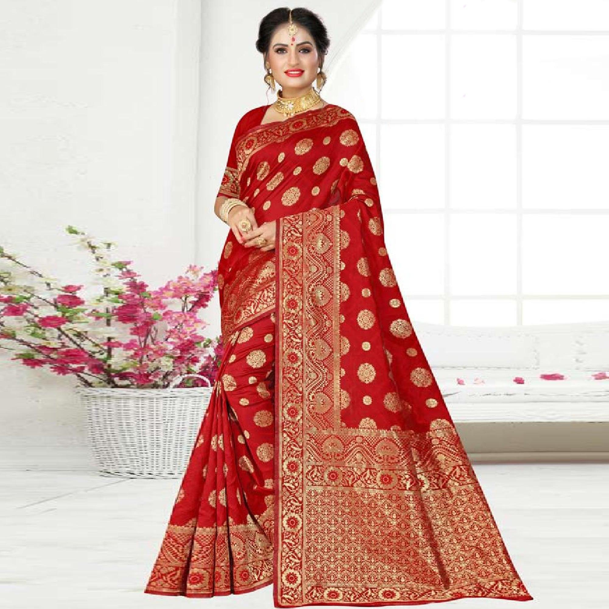 Charming Red Colored Festive Wear Woven Art Silk Saree - Peachmode