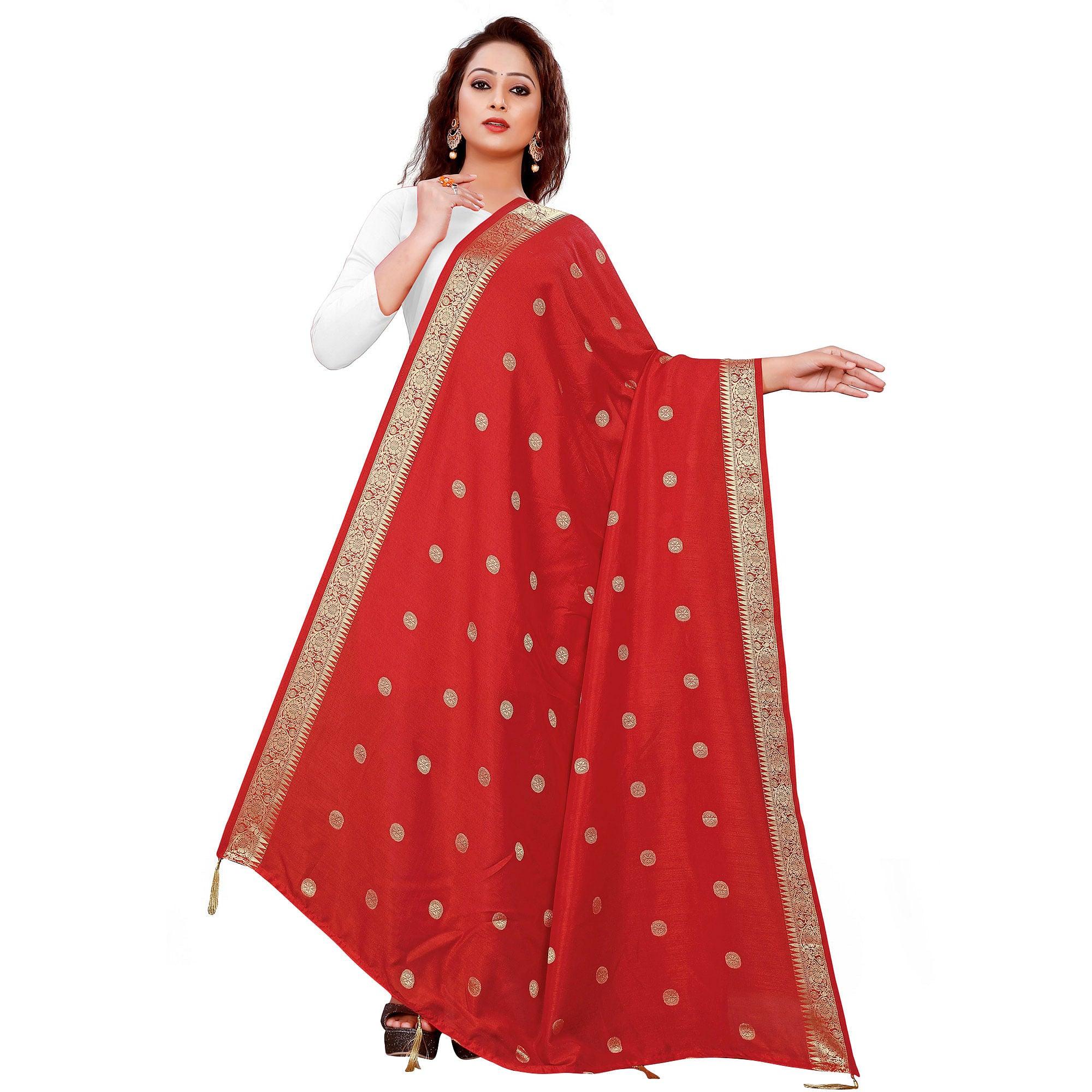 Charming Red Colored Festive Wear Woven Art Silk-Viscose Dupatta With Tassels - Peachmode