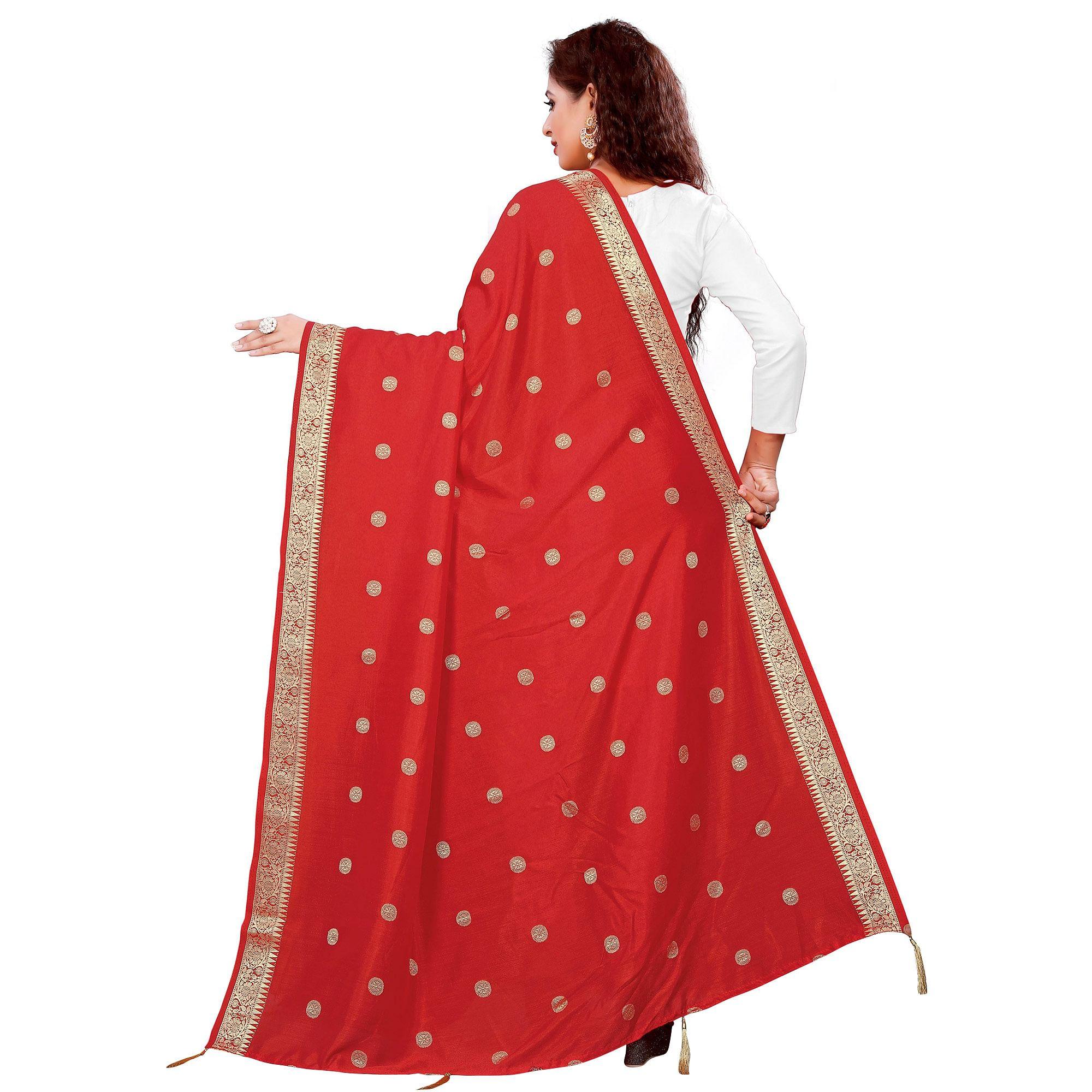 Charming Red Colored Festive Wear Woven Art Silk-Viscose Dupatta With Tassels - Peachmode