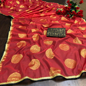Charming Red Colored Festive Wear Woven Cotton Saree - Peachmode