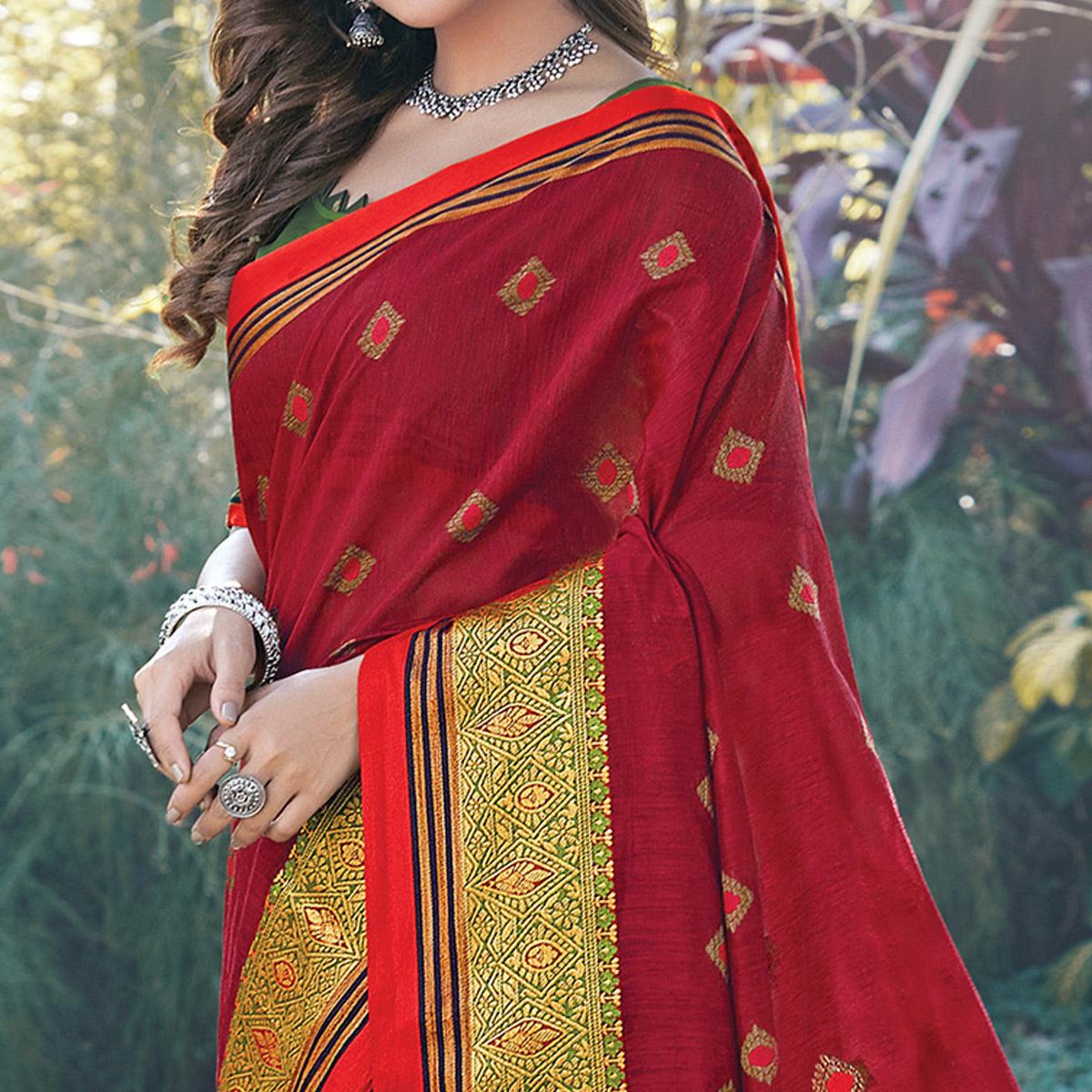 Charming Red Colored Festive Wear Woven Cotton Saree - Peachmode