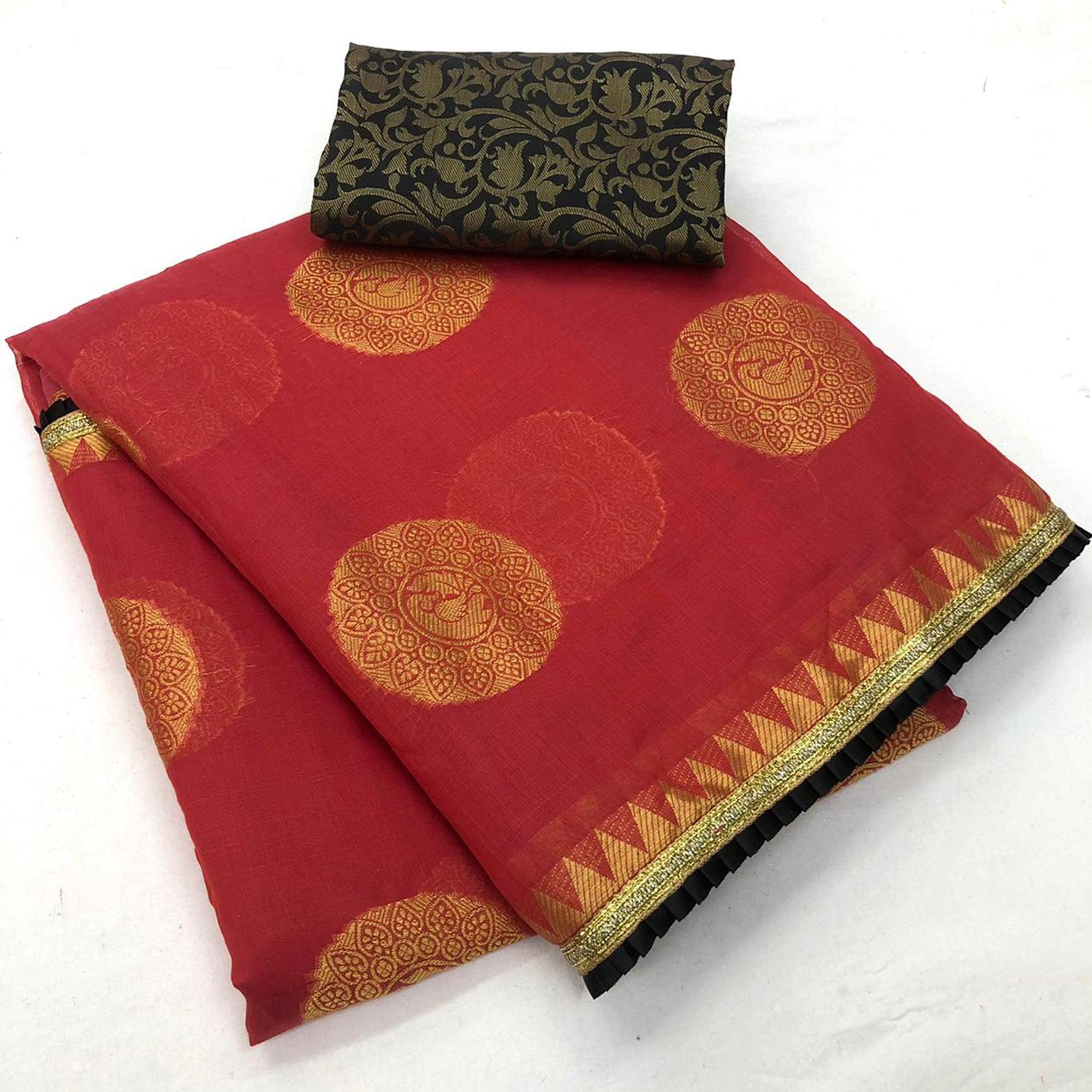 Charming Red Colored Festive Wear Woven Cotton Saree - Peachmode