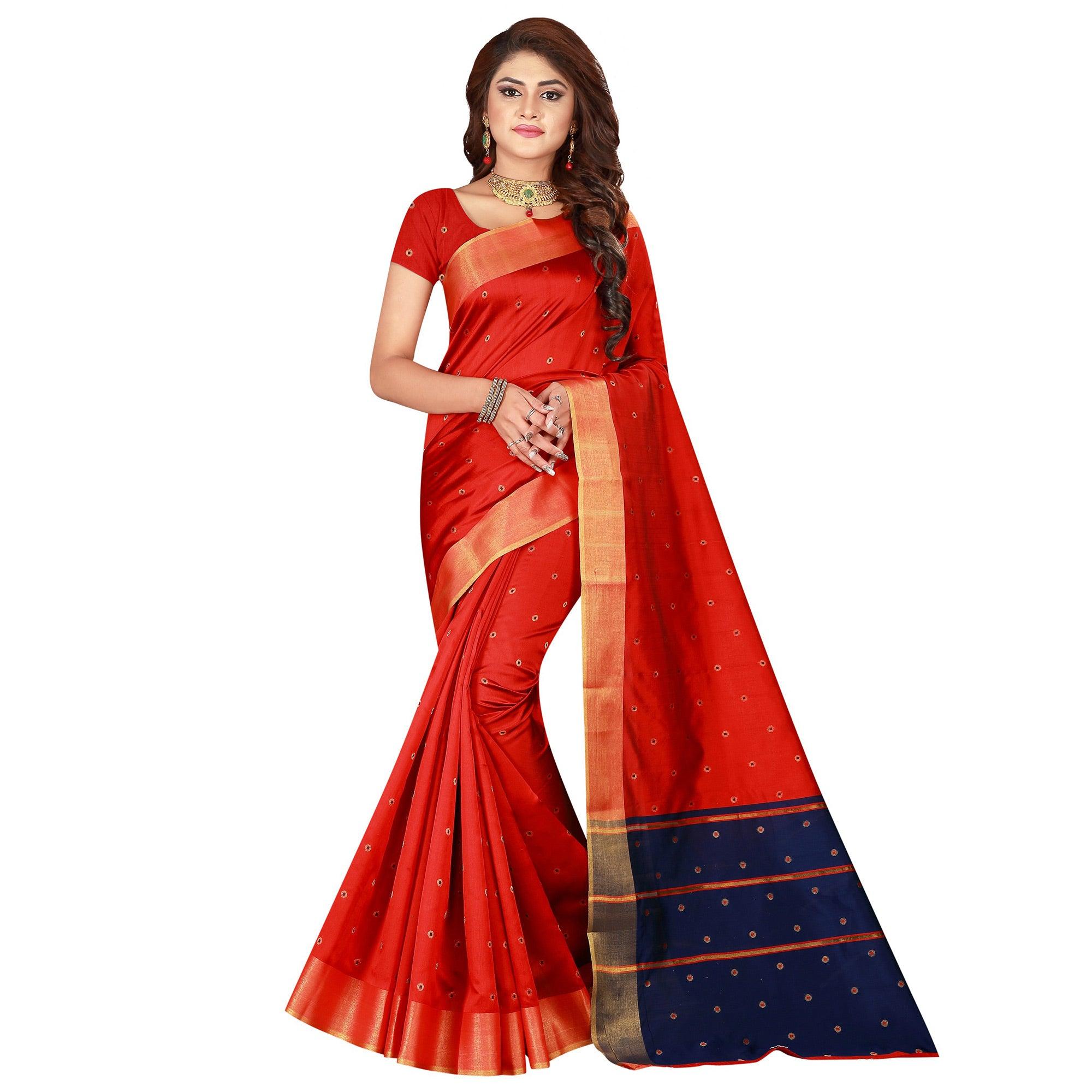 Charming Red Colored Festive Wear Woven Cotton Silk Saree - Peachmode