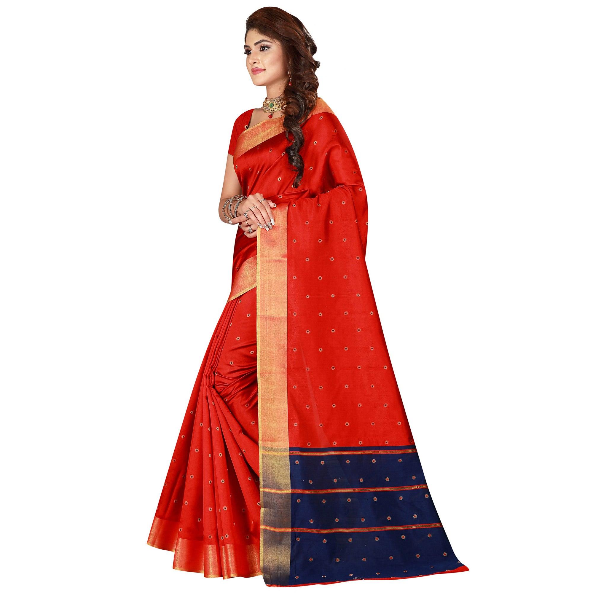 Charming Red Colored Festive Wear Woven Cotton Silk Saree - Peachmode
