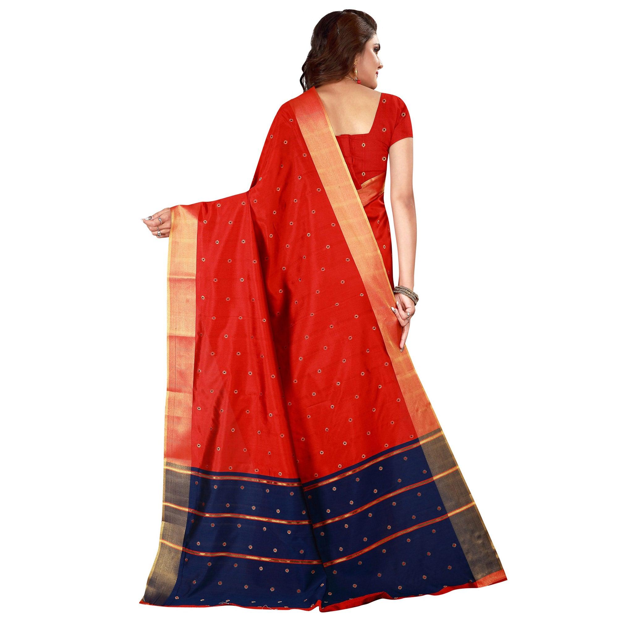 Charming Red Colored Festive Wear Woven Cotton Silk Saree - Peachmode