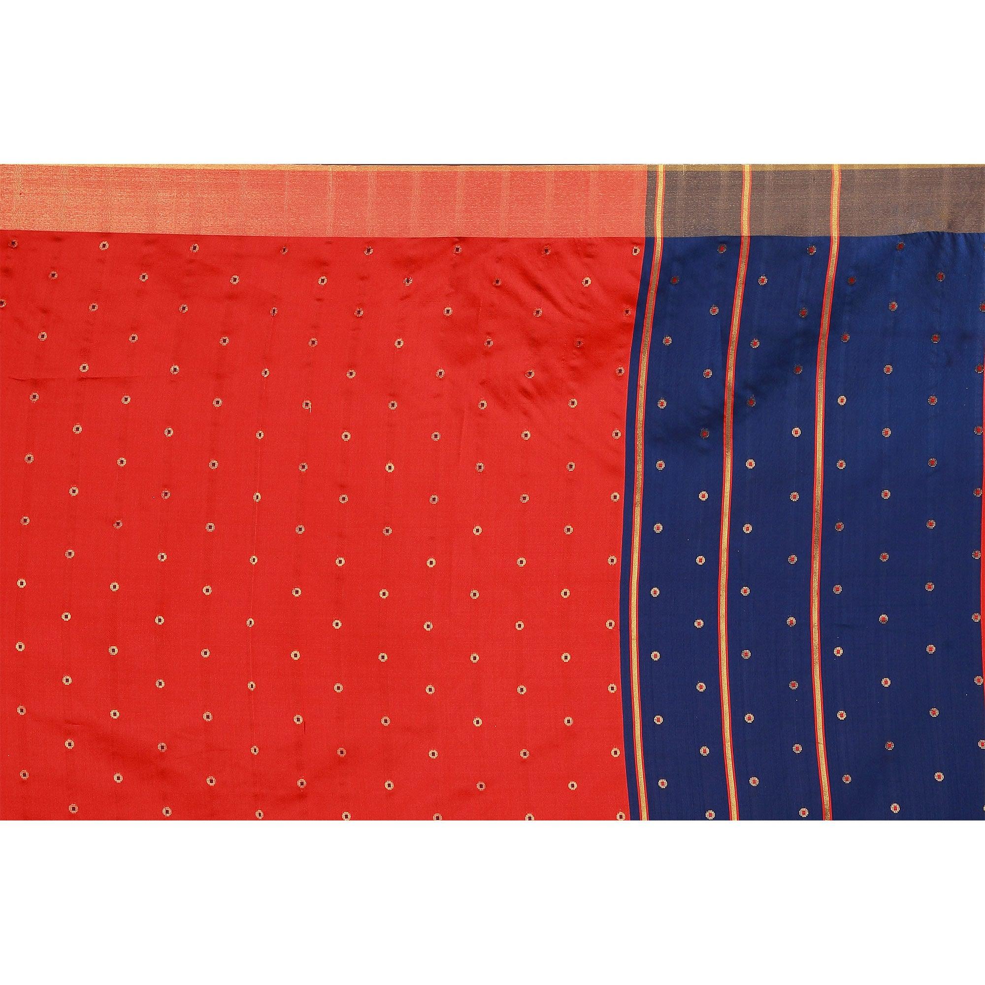 Charming Red Colored Festive Wear Woven Cotton Silk Saree - Peachmode