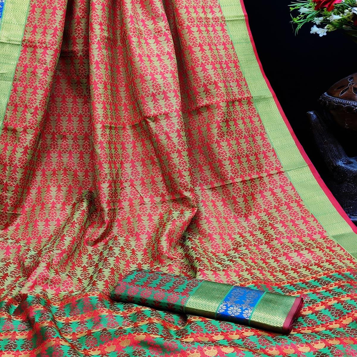 Charming Red Colored Festive Wear Woven Jacqaurd Silk Saree - Peachmode