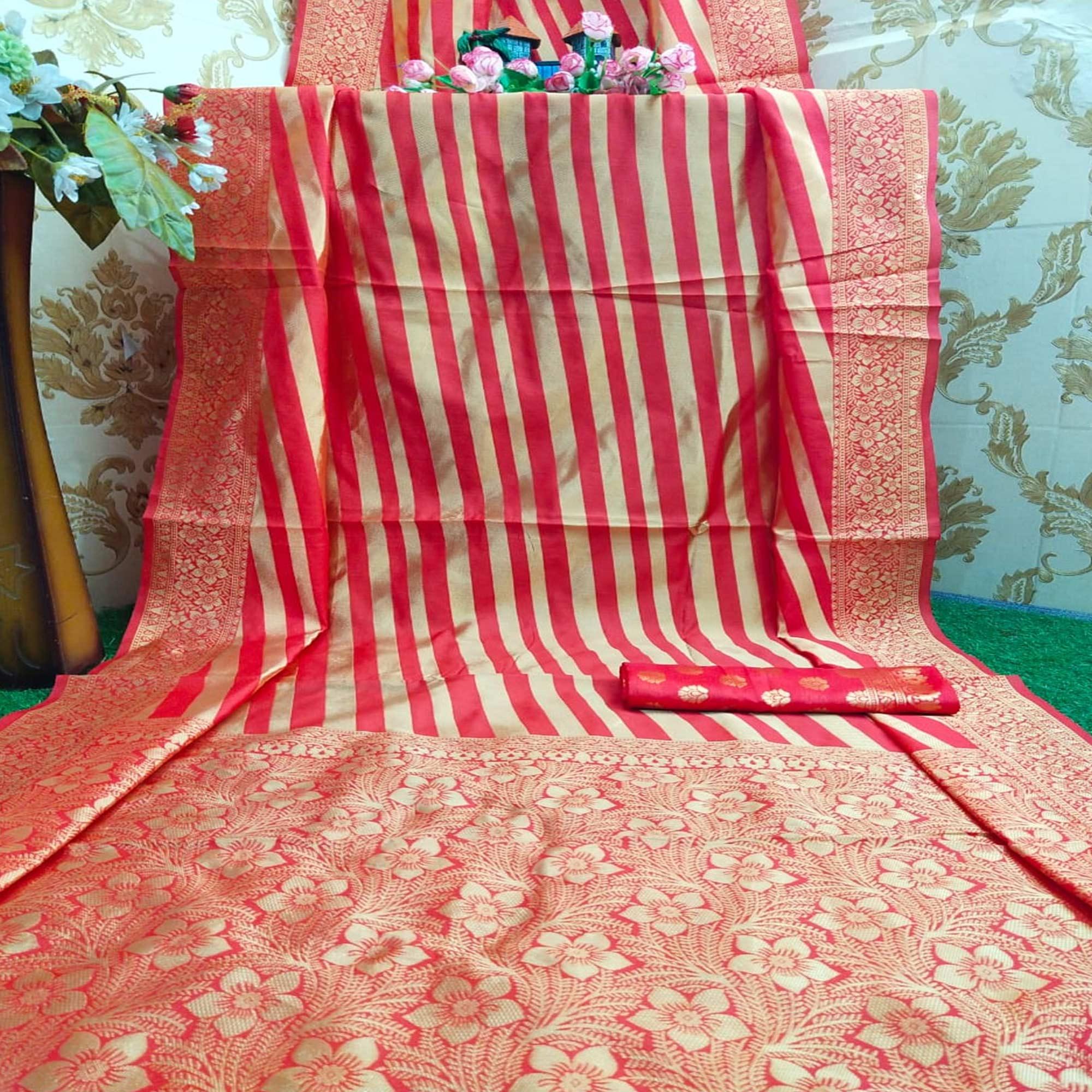 Charming Red Colored Festive Wear Woven Pure Heavy Banarasi Silk Saree - Peachmode
