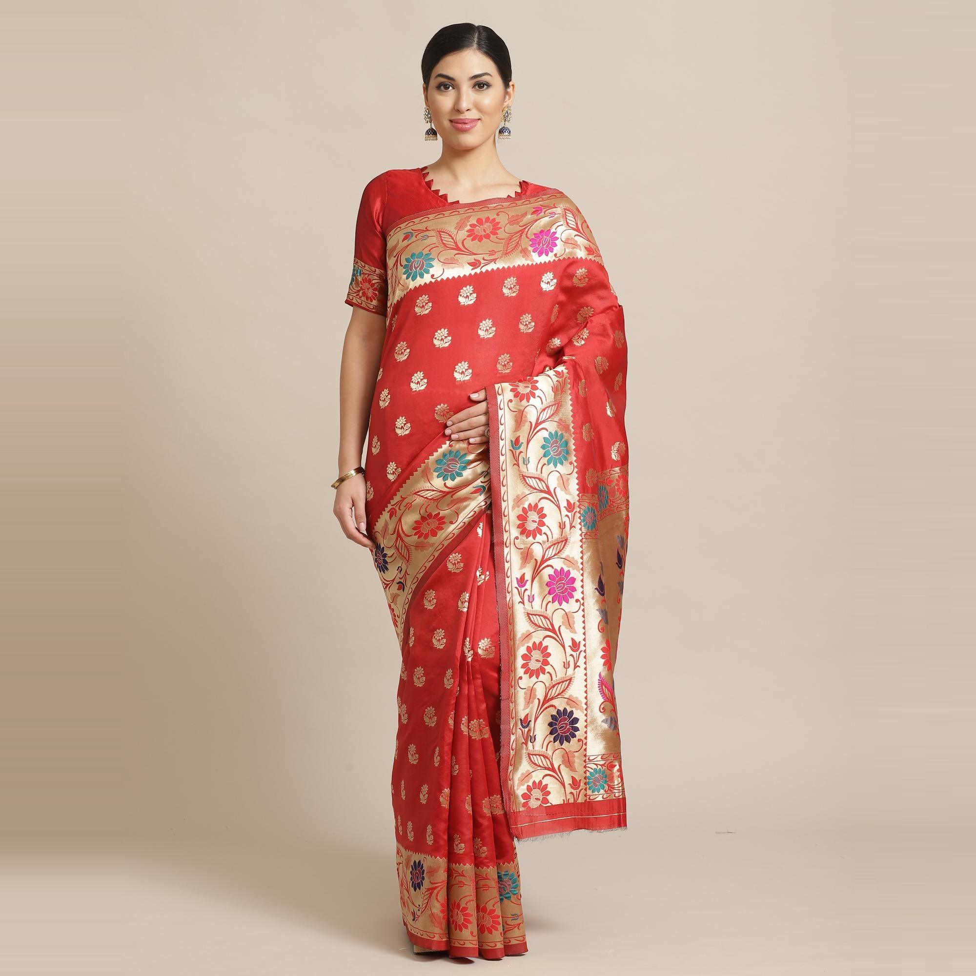 Charming Rust Colored Festive Wear Woven Silk Blend Banarasi Saree - Peachmode