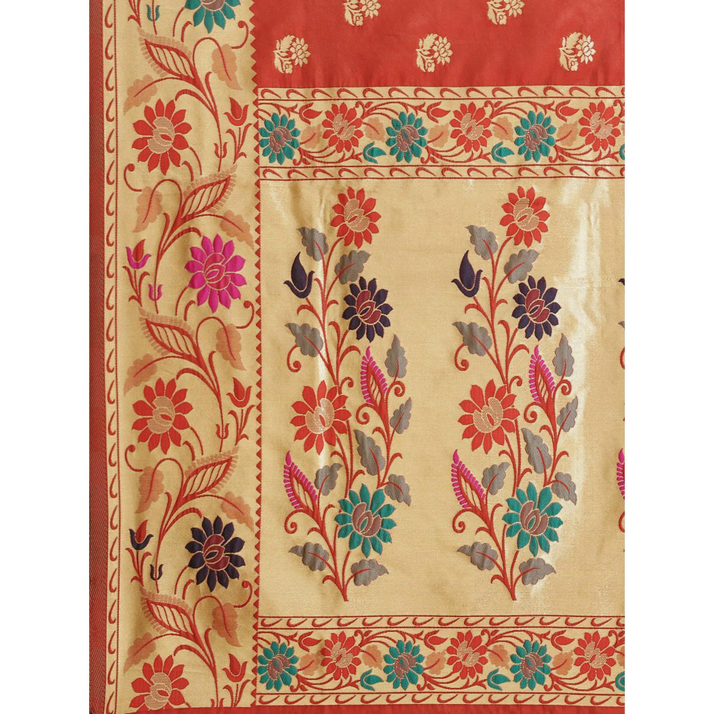 Charming Rust Colored Festive Wear Woven Silk Blend Banarasi Saree - Peachmode