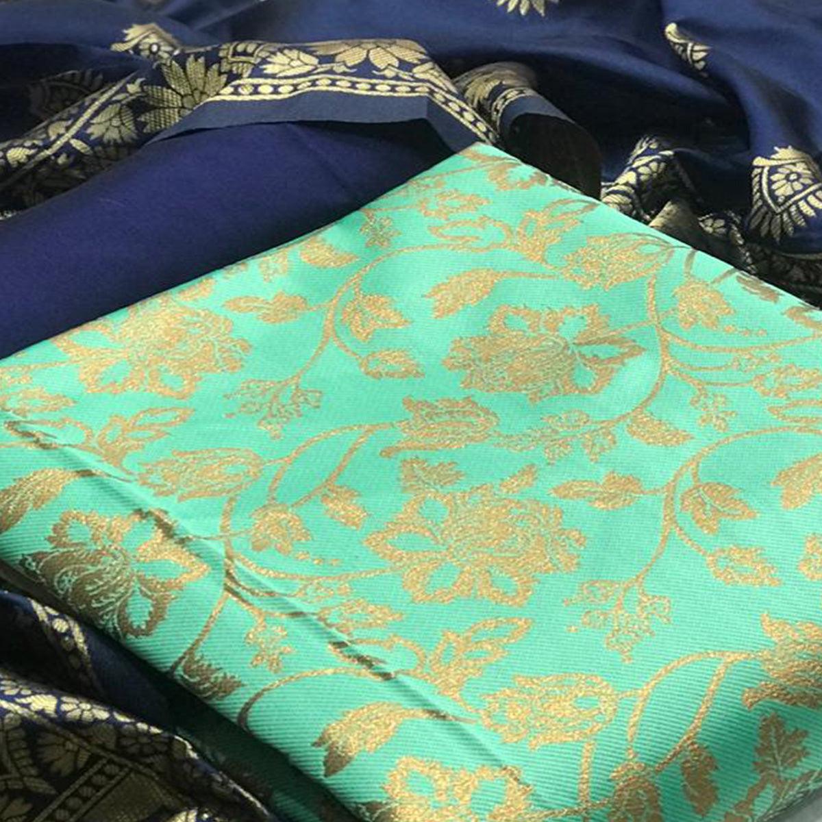 Charming Sea Green Colored Casual Wear Woven Banarasi Silk Dress Material - Peachmode