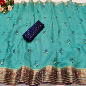 Charming Sea Green Colored Festive Wear Foil Printed Cotton Silk Saree - Peachmode